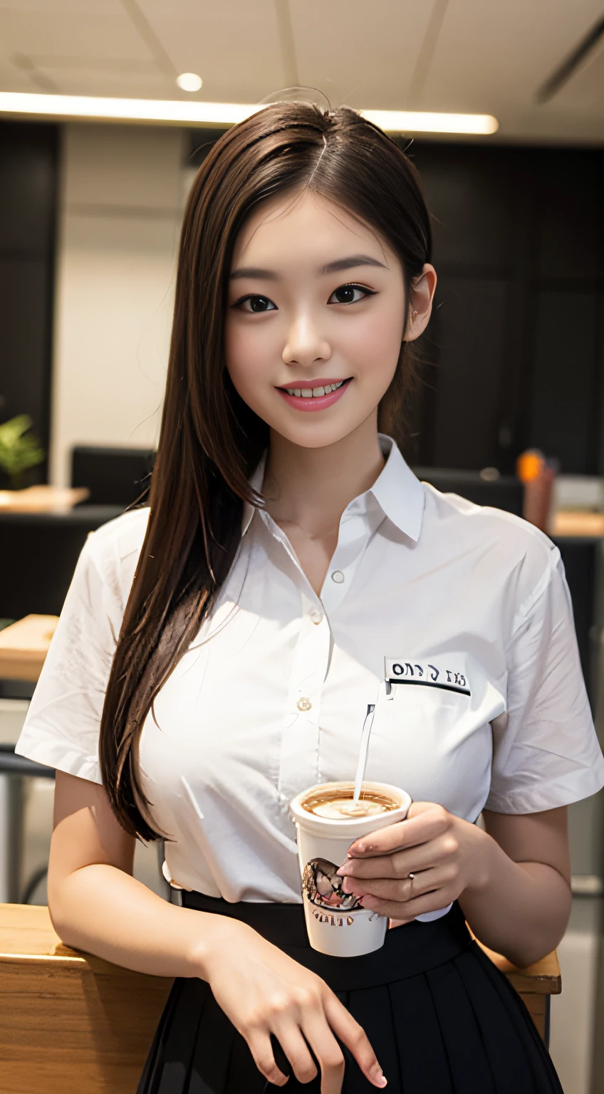 A 30 year old secretary in a professional A-line skirt, shirt, step skirt, realistic, masterpiece, super high resolution, 16K quality, RAW photo, brunette hair, long hair, high ponytail, smile, slim figure, slender waist, reasonable body proportions, perfect skin, sitting in office drinking coffee, Giant breast, glowing skin, sunny, 35mm lens, sony fx3 image quality