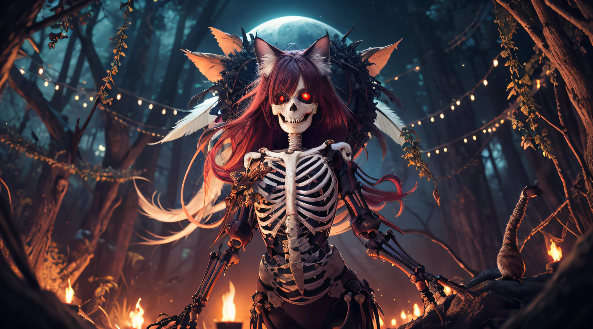 scary, naked tree, tree, branch, forest, teeth, plant, monster girl alone, nature, woman's body with sharp teeth, skull face, cat ears, big round and red eyes, open chest with bones appearing, soil, checkered, horror \(theme\), outdoors, looking at the viewer, mouth open, breathtaking eyes, skeleton, bright eyes,  palm, leaf, feathers, feathers, feminine focus, animal, vines, fangs, gothic, darkness, night,