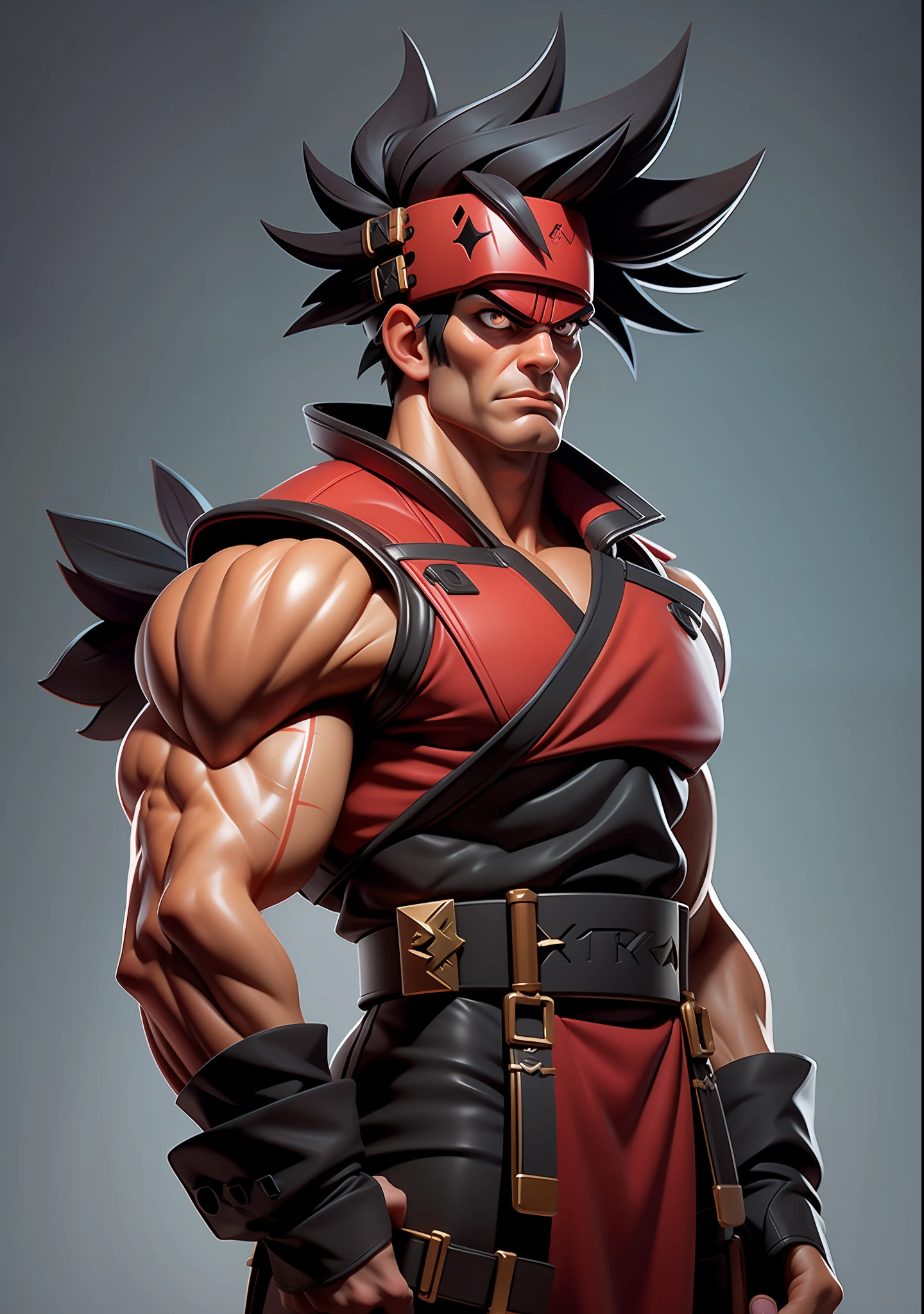 Ninja, muscular adult man with black hair, ninja costumes, kunais at the waist, serious face, menacing look, bandana on the forehead, super detailed and defined illustration, concept art, artstation, 8k.