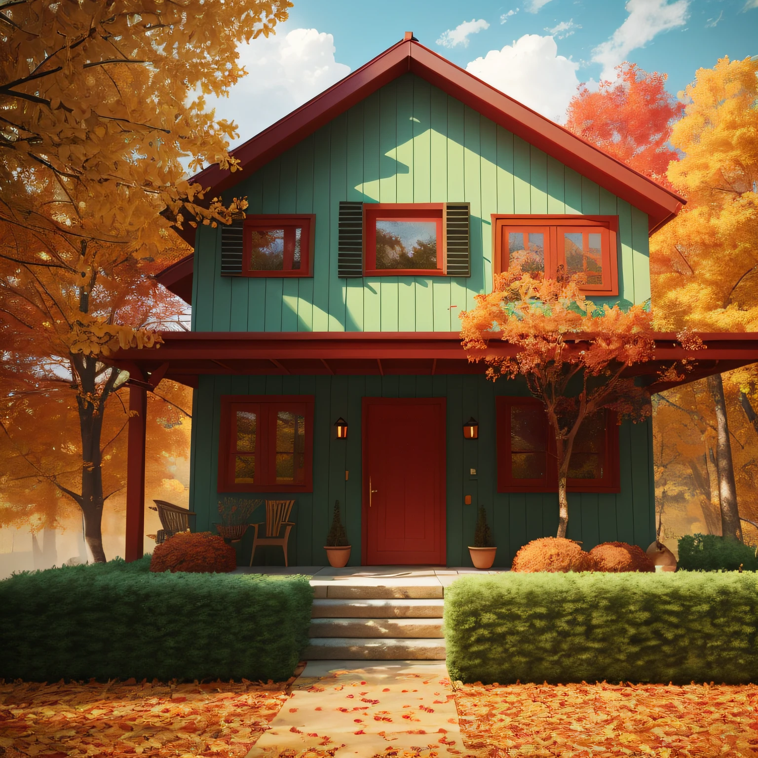 Cute green cozy Eco House with bushes, tall trees, white clouds. Sweet home. Stay Home. Modern house with red windows, orange door. Concept art Autumn mood in fall season. 3d render in