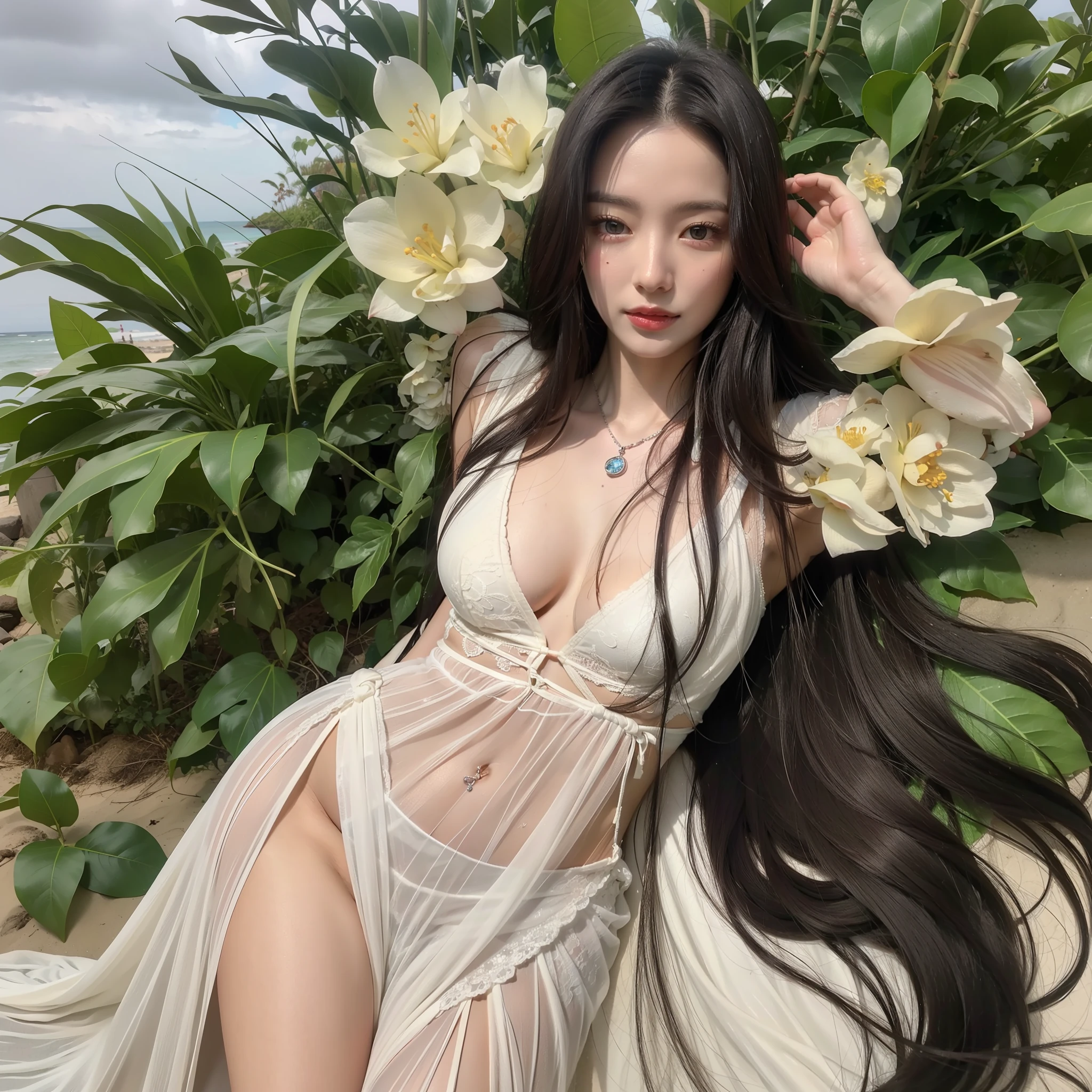 (top quality, 8K, masterpiece: 1.3), beautiful woman with perfect figure: 1.4, long black hair, curly hair, wearing a pendant, by the sea, on the beach, natural light, broken flowers white long dress, very detailed face and skin, extremely beautiful, exquisite details, gorgeous eyes, elegant face, details, ultra-realistic, complex, highly detailed,
