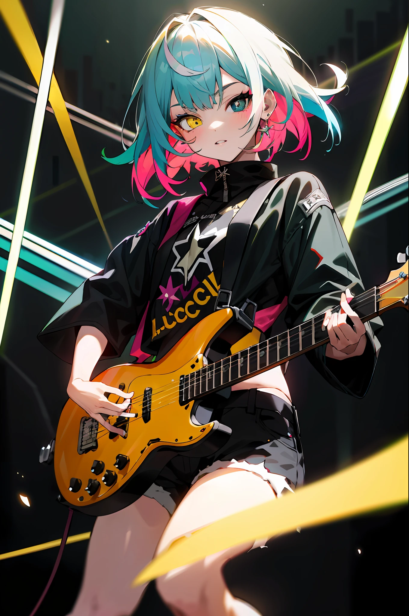 Rockstar, musician, cool, colorful, absurd, best quality, 1girl, solo, viewer look, eye focus, LucoaDM, CasualCL, shorts, modern top, hips, heterochromia, eye focus,
ADCOMM
Green Eyes
ADDCOL
(black eyes: 1.5), slit pupils, light pupils, yellow pupils