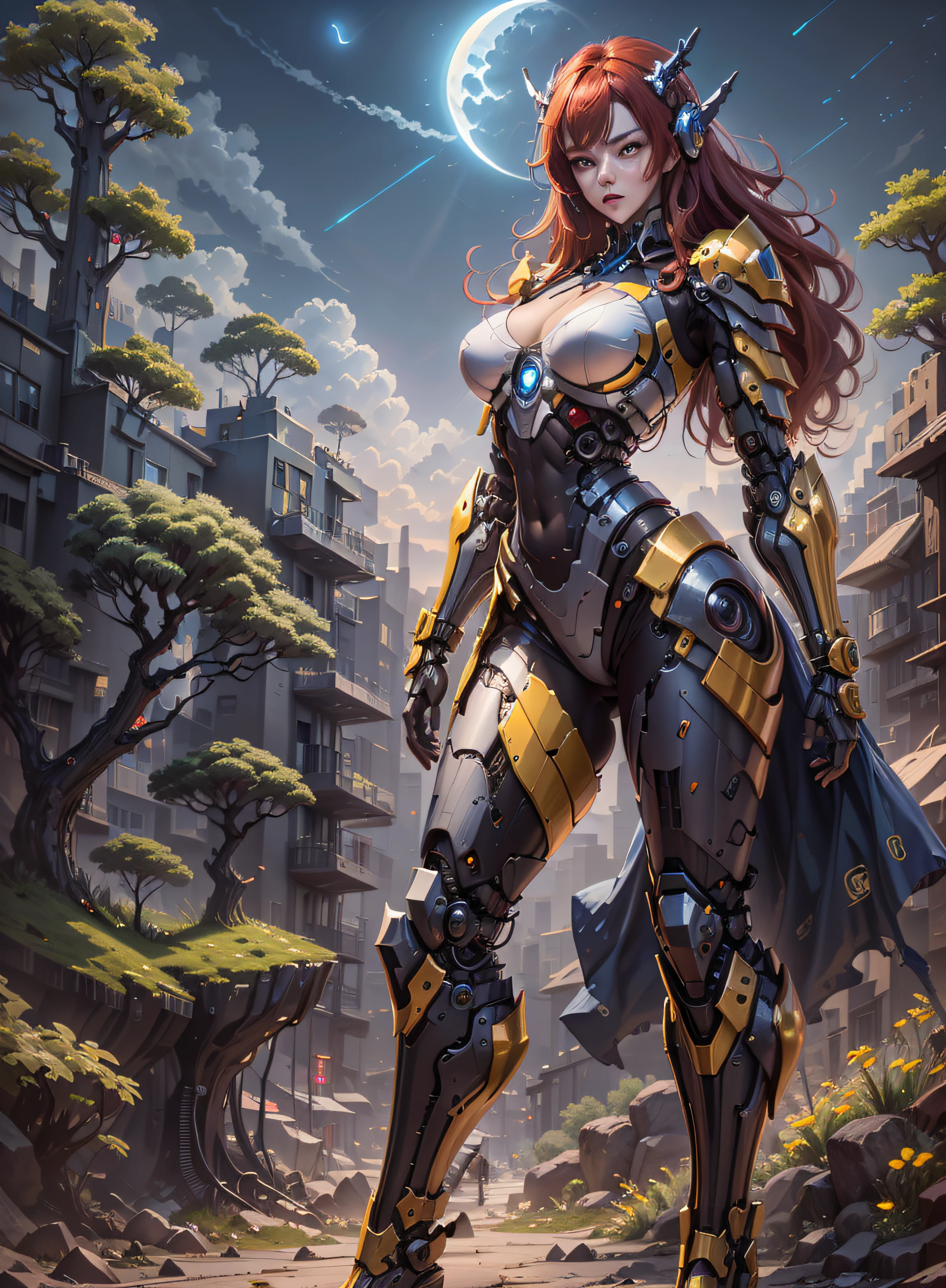 High definition (8k), Beautiful woman detailed defined body, red hair, full body sexy pose wearing cosplay conan the barbarian, medium breasts, blue uniform, metallic red, white, golden yellow high-tech, cyberpunk, futuristic, scenery with night sky with clouds, moon, giant trees,