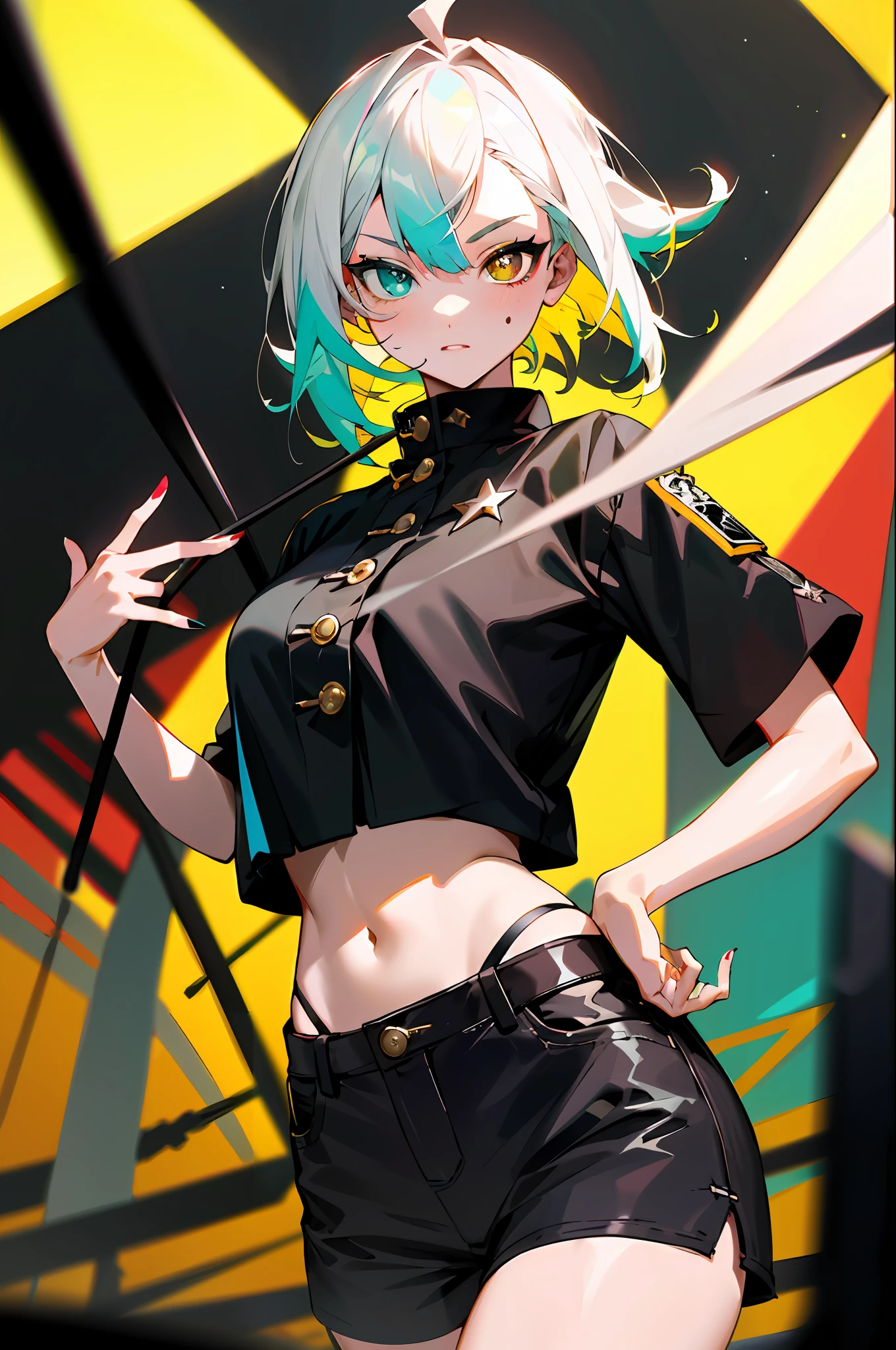 Rockstar, musician, cool, colorful, absurd, best quality, 1girl, solo, viewer look, eye focus, LucoaDM, CasualCL, shorts, modern top, hips, heterochromia, eye focus,
ADCOMM
Green Eyes
ADDCOL
(black eyes: 1.5), slit pupils, light pupils, yellow pupils