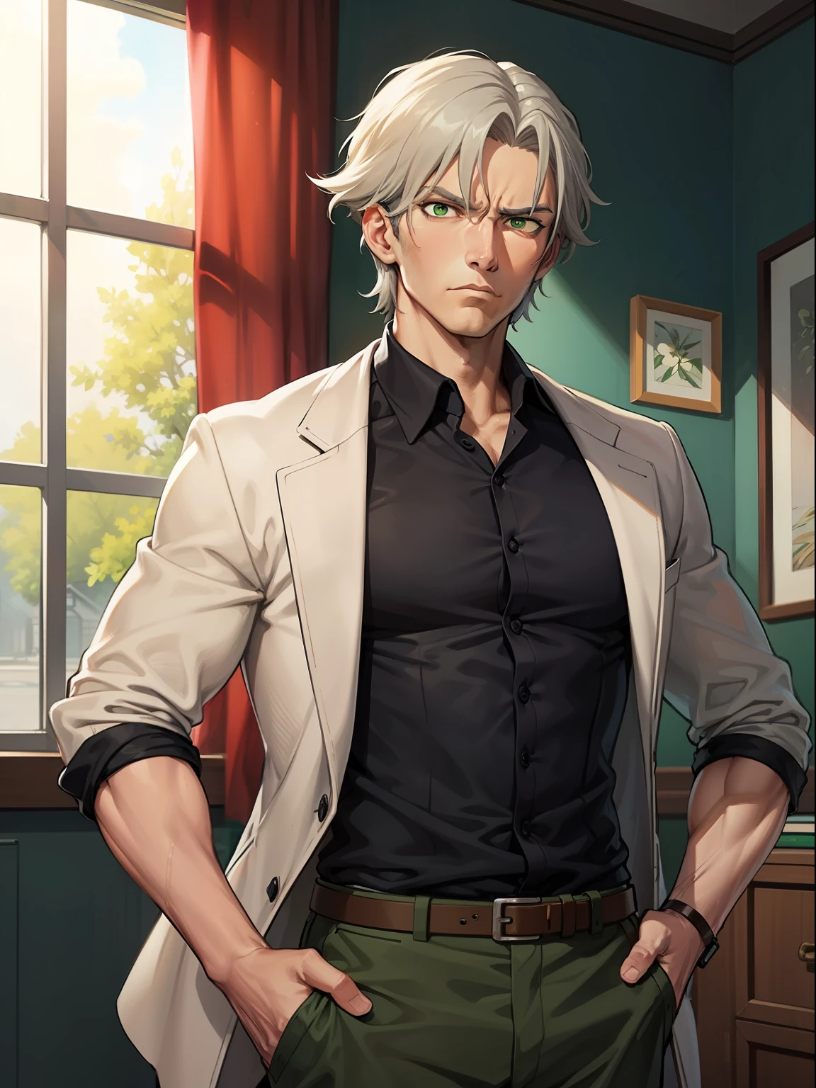 British old man detective with a fit and tall figure, olive skin, grey hair, green eyes, and a serious face, portrayed in high-detail anime style.