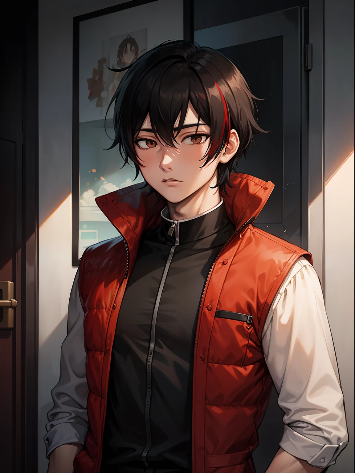 Chinese young man detective with average height, pale skin, black hair, brown eyes, and red streaked hair, in a highly detailed anime style artwork.