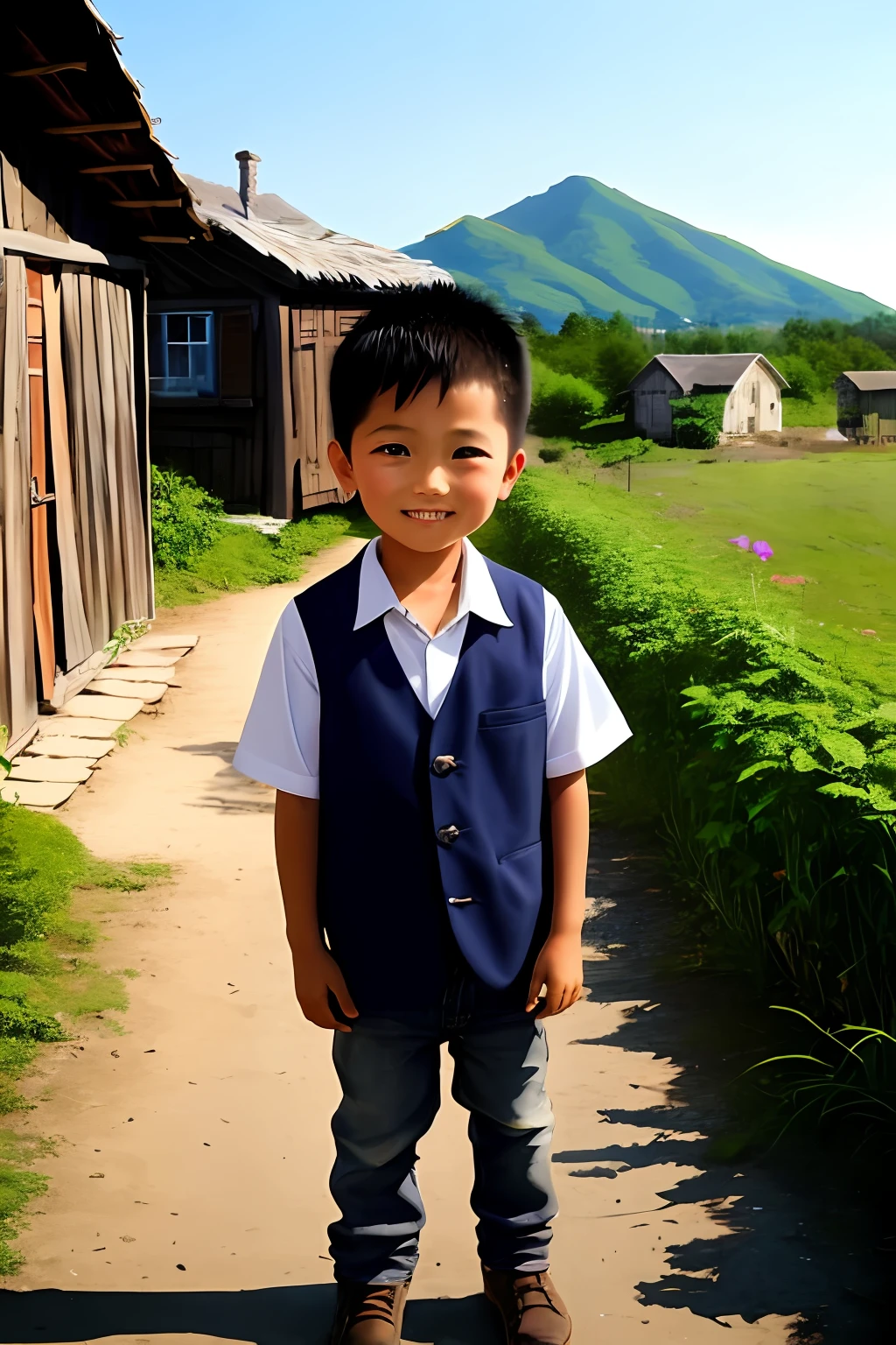 Visualize a small village with simple, rustic surroundings. Show a determined young boy with a sparkle in his eyes, symbolizing his dreams and aspirations.