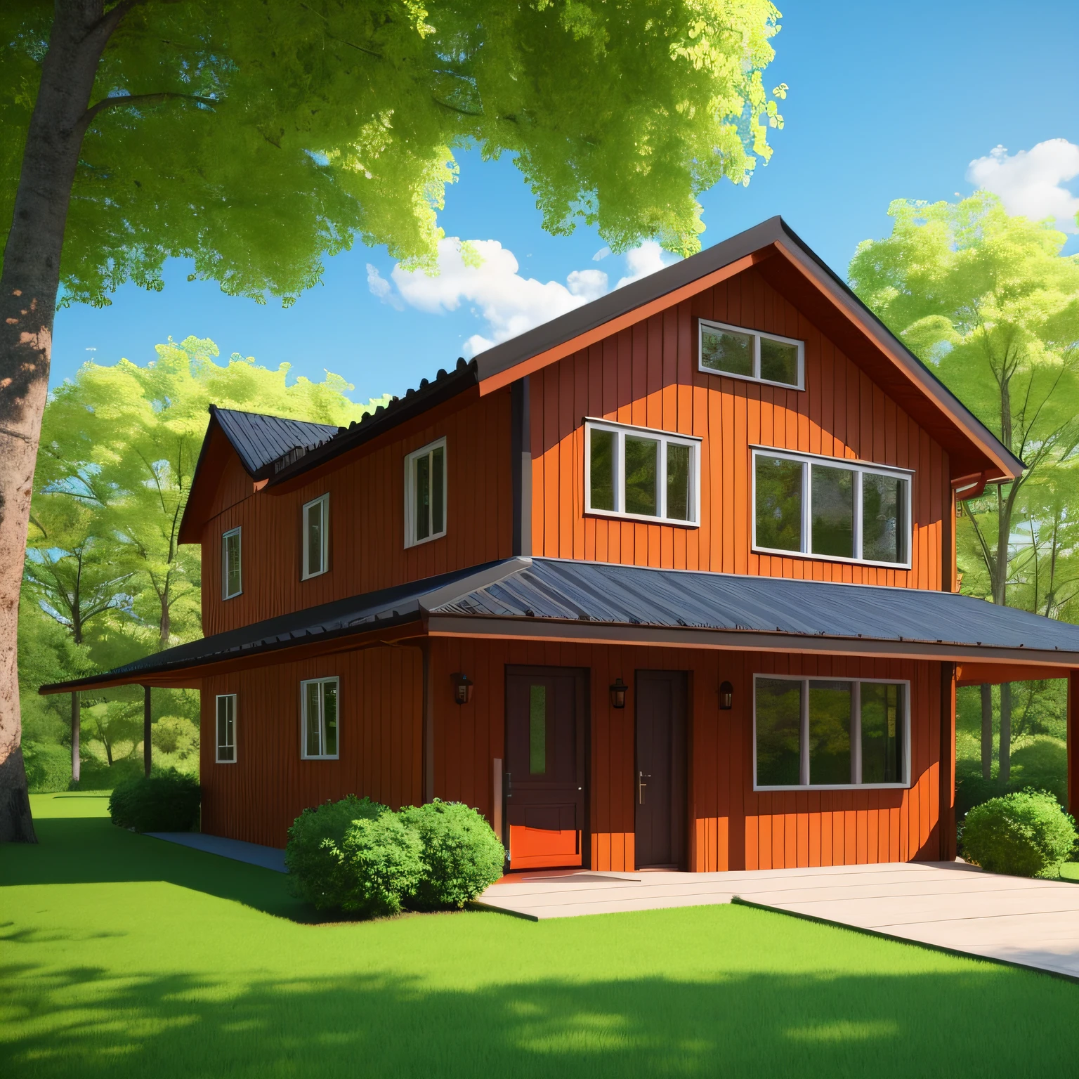 Cute green cozy Eco House with bushes, tall trees, white clouds. Sweet home. Stay Home. Modern house with red windows, orange door. Concept art spring mood in spring season. 3d render in