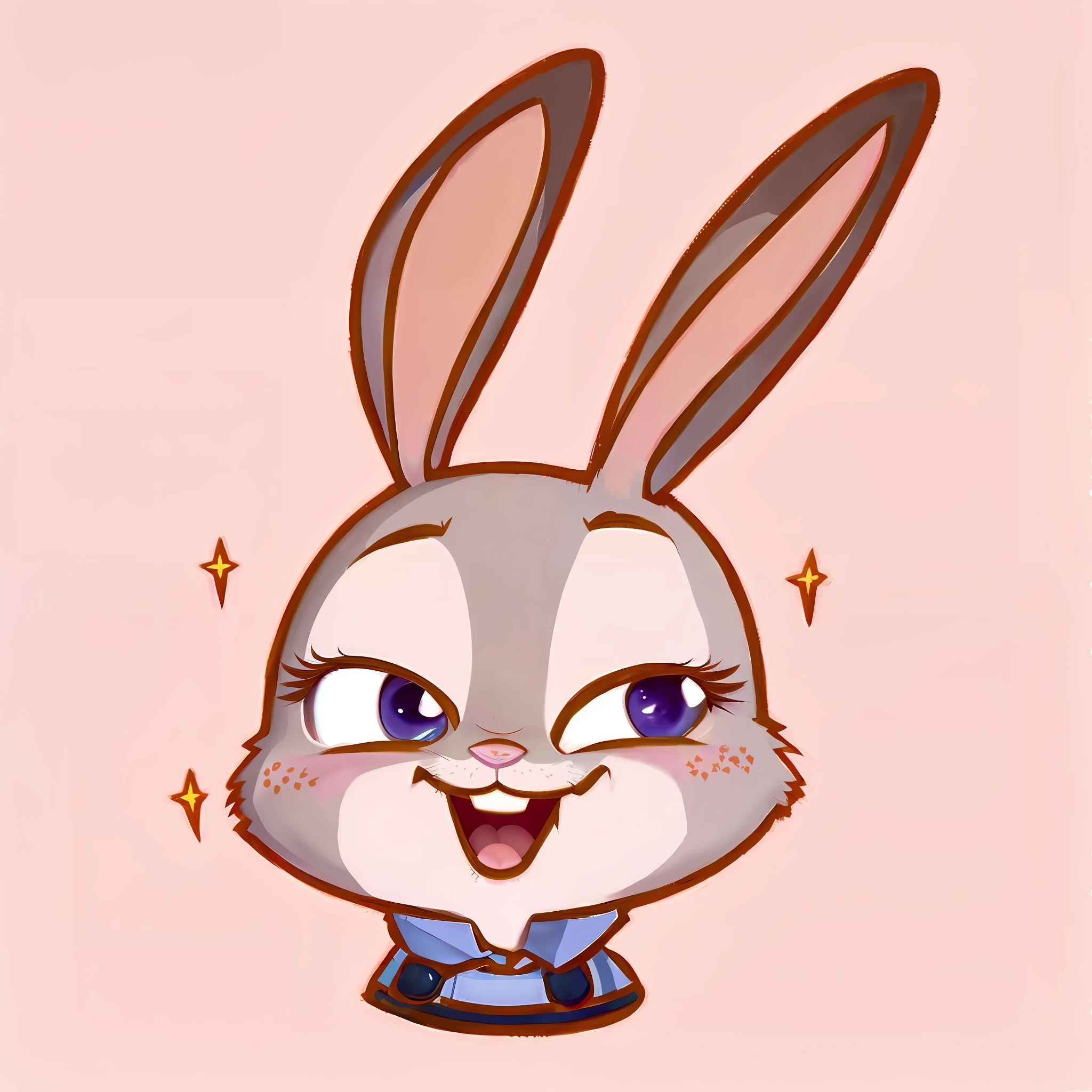 a cartoon rabbit with a blue shirt and a bow tie, judy hopps, judy hopps from zootopia, a portrait of judy hopps, lola bunny fanart, cute anthropomorphic bunny, telegram sticker, rabbt_character, in style of disney zootopia, in style of zootopia, rabbit face only, cartoonish cute, anthropomorphic rabbit
