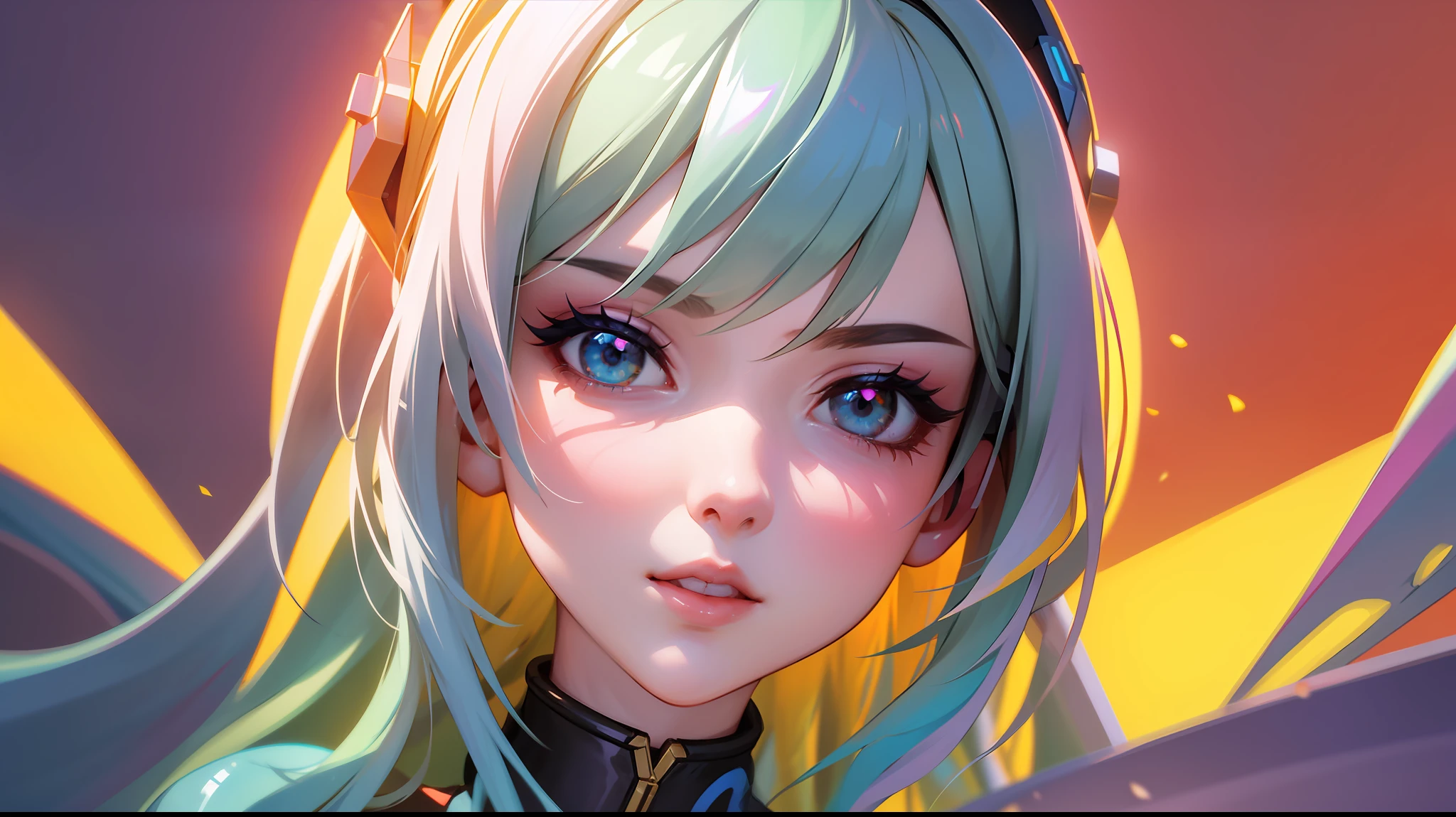 Woman with peace sense headset, open eyes, bright and beautiful eyes, beautiful face, RGB colors, bright purple hair, anime, banner for youtube video, happy girl, clouds with RGB colors, bright RGB colors.