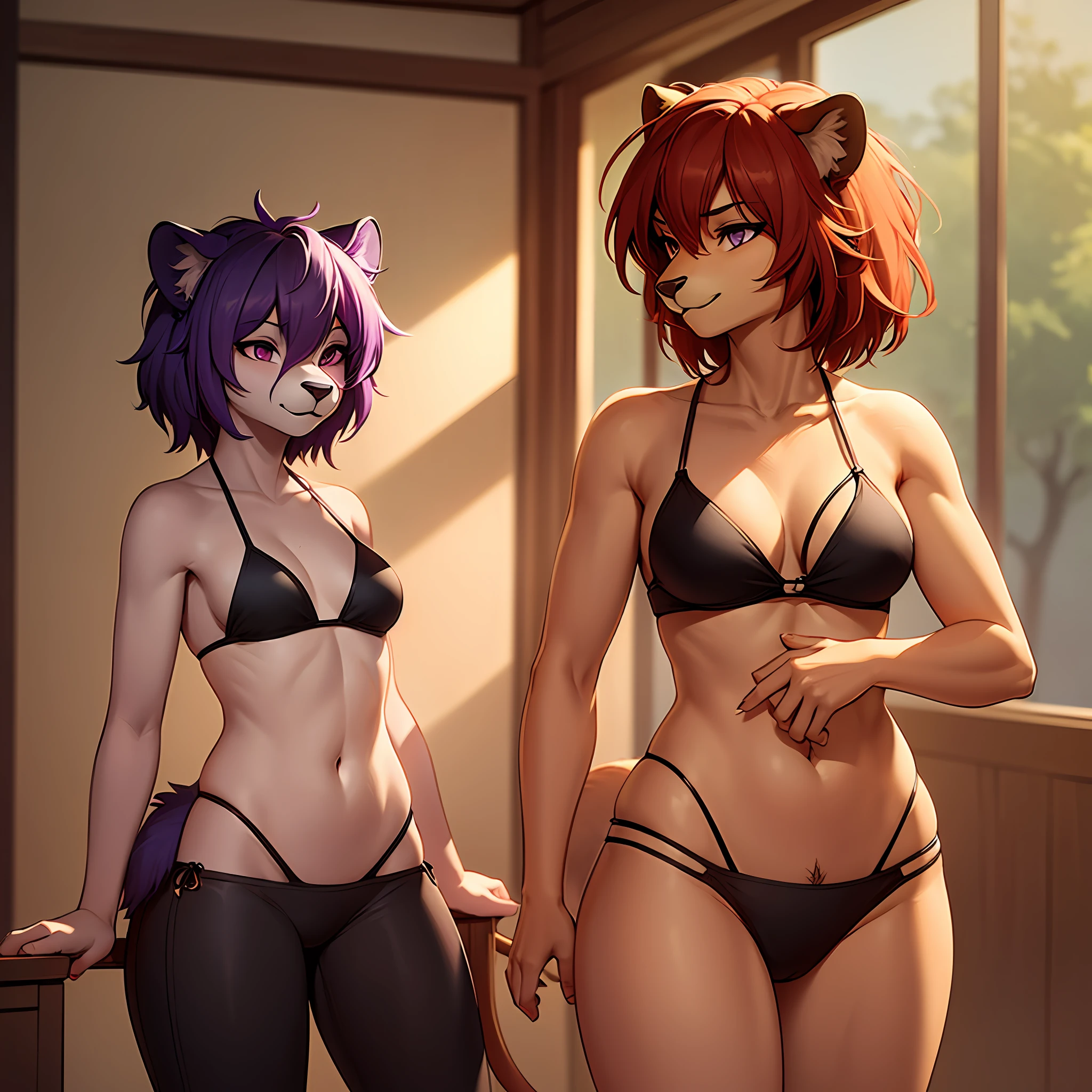 (1girl), Lioness girl, red hair, abundant short hair, brown skin, hairy, fluffy, sexy black bikini, purple eyes, small chest, wide hips, lion tail, high quality, furry--Furry Vixens