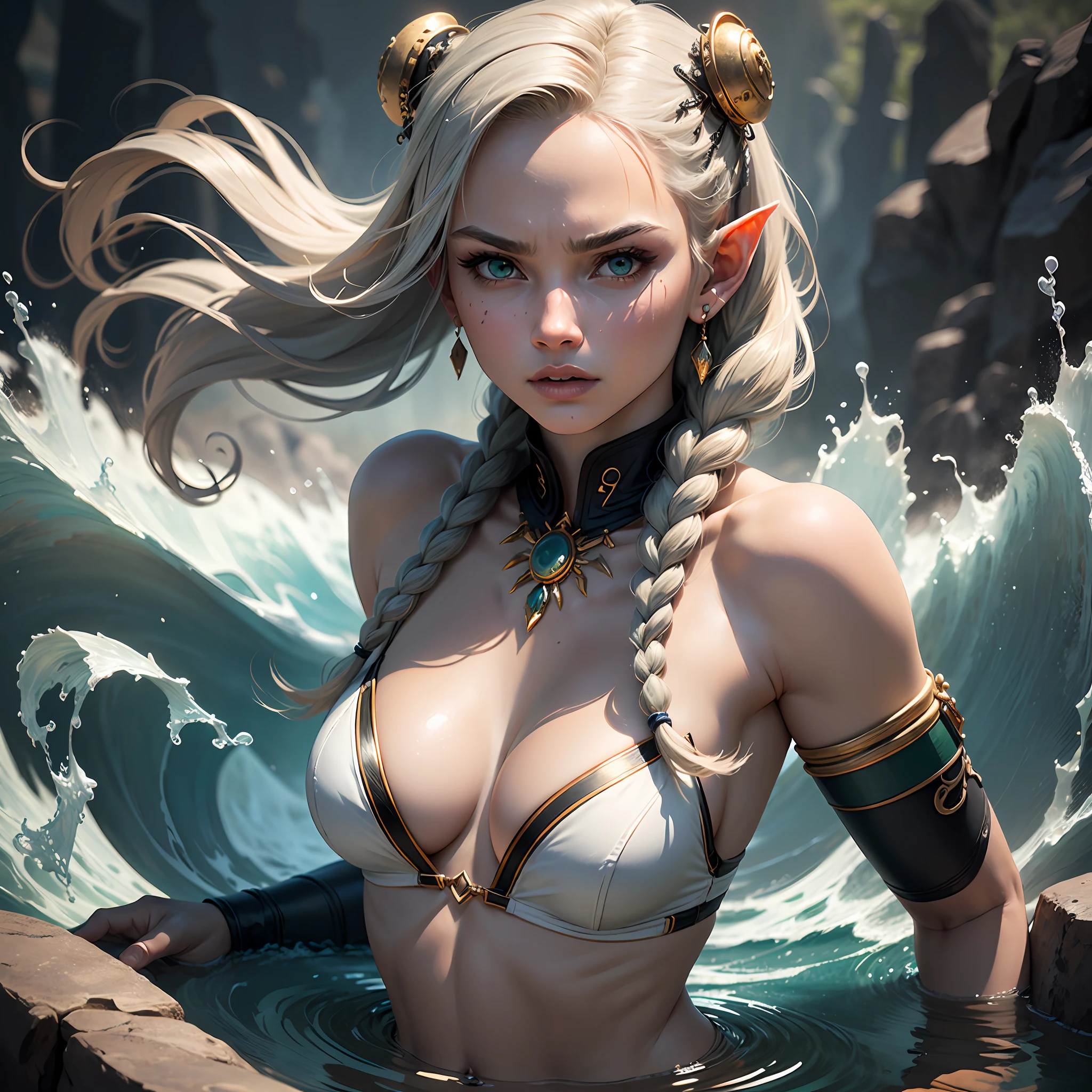 (full portrait), (mid-plane), solo, detailed background, detailed face, (stonepunkAI, stone theme: 1.1), elf, (female), (mythological), (beautiful hair, braids: 0.2), warrior, piercing septum, mystic, (gorgeous face), stunning, head tilted upwards, (threatening look, serene expression), calm, shredded green clothes, prayer beads, tribal jewelry, feathers in hair, jade, obsidian, detailed clothing, cleavage, realistic skin texture, (floating particles, water swirl, embers, ritual, whirlpool, wind: 1.2), sharp focus, volumetric lighting, good highlights, good shading, subsurface dispersion, intricate, highly detailed, ((cinematic)), dramatic, (high quality, award-winning, masterpiece: 1.5), (photorealistic: 1.5), (intricate symmetrical war painting: 0.5) --auto