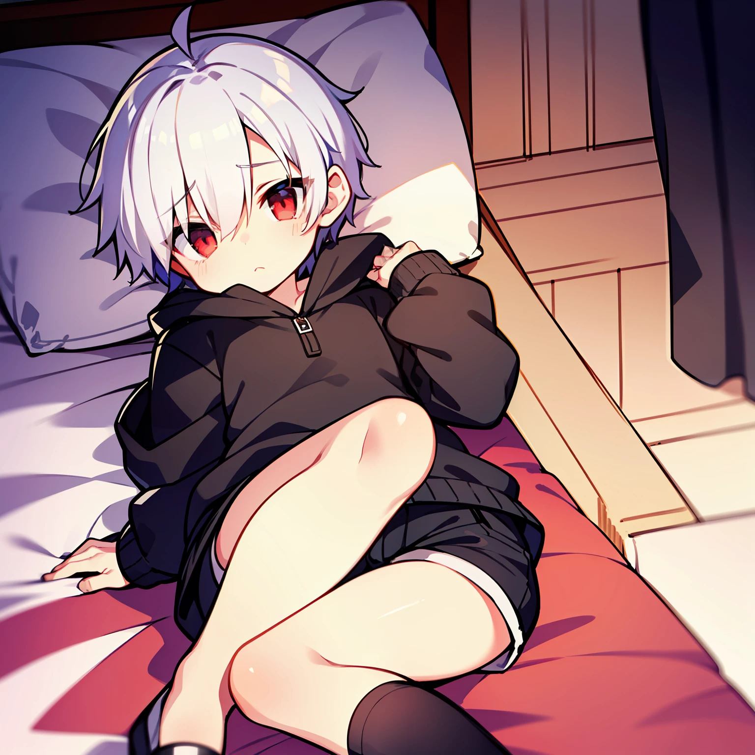 (high-quality, breathtaking),(expressive eyes, perfect face), 1boy, solo, short, young boy, short white hair, red eyes, black clothes, wear short shorts, sad, lying face up, on bed