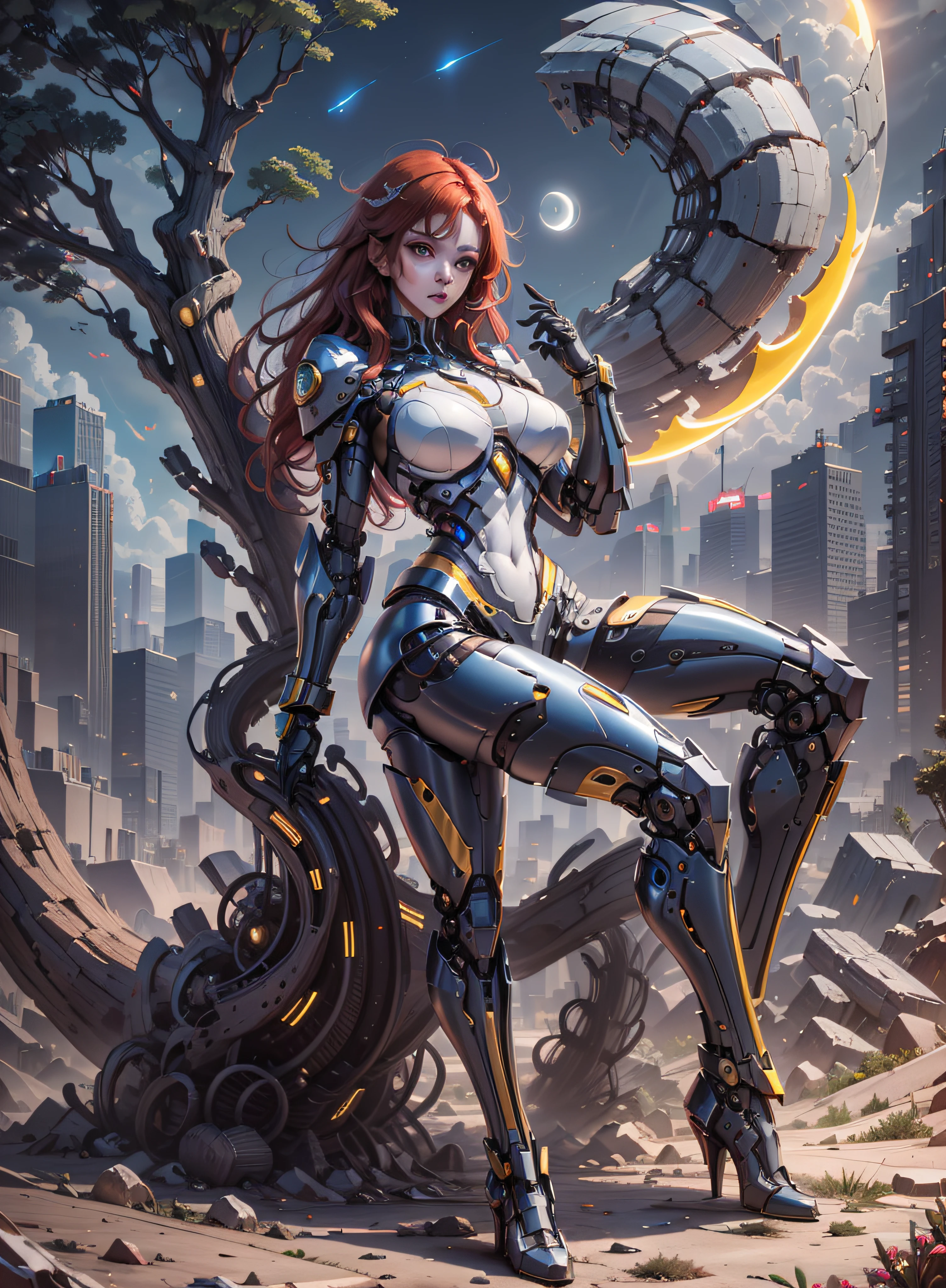 High definition (8k), Beautiful woman detailed defined body, red hair, full body sexy pose wearing conan the barbarian cosplay, medium breasts, blue uniform, metallic red, white, golden yellow high-tech, cyberpunk, futuristic, scenery with night sky with clouds, moon, giant tree trunks,