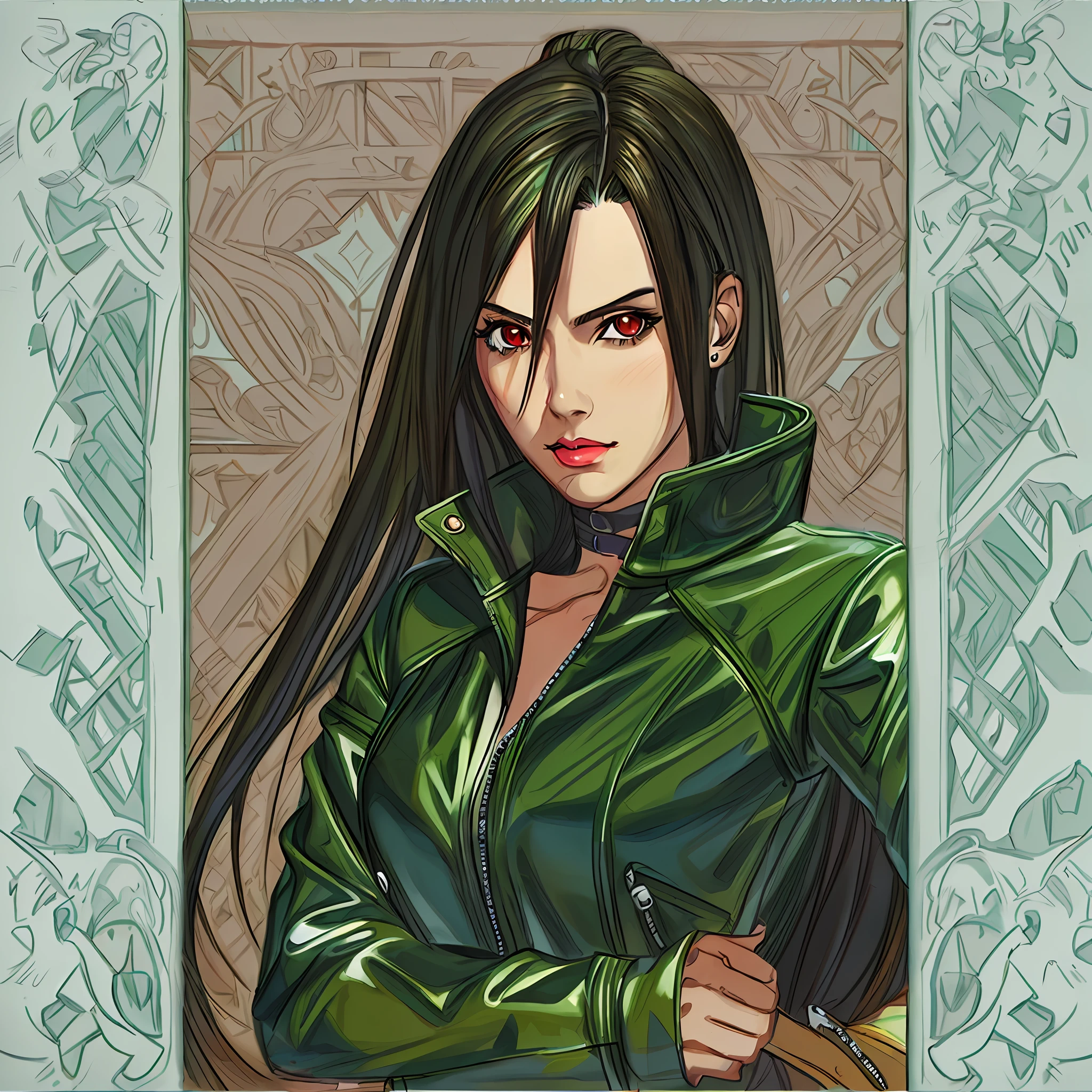 a close up of a woman in a green leather jacket, steven artgerm lau, nico robin, portrait of tifa lockhart, artgerm portrait, range murata and artgerm, tifa lockhart portrait, extremely detailed artgerm, artgerm lau, artgerm greg rutkowski _ greg, drawn in the style of artgerm