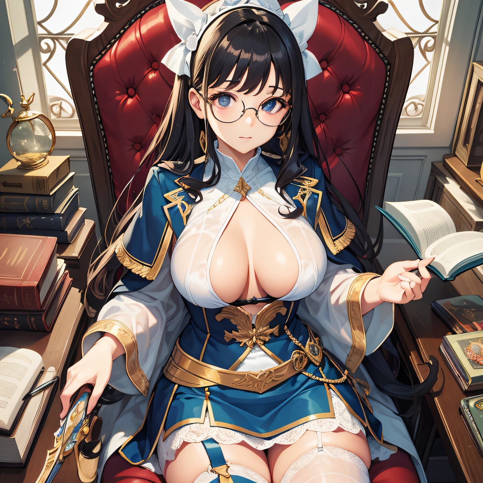 Girl. A world of swords and sorcery. Sitting in a chair, reading. White underwear. Wearing glasses. Miniskirt. Opening the crotch. Garter. Big tits.