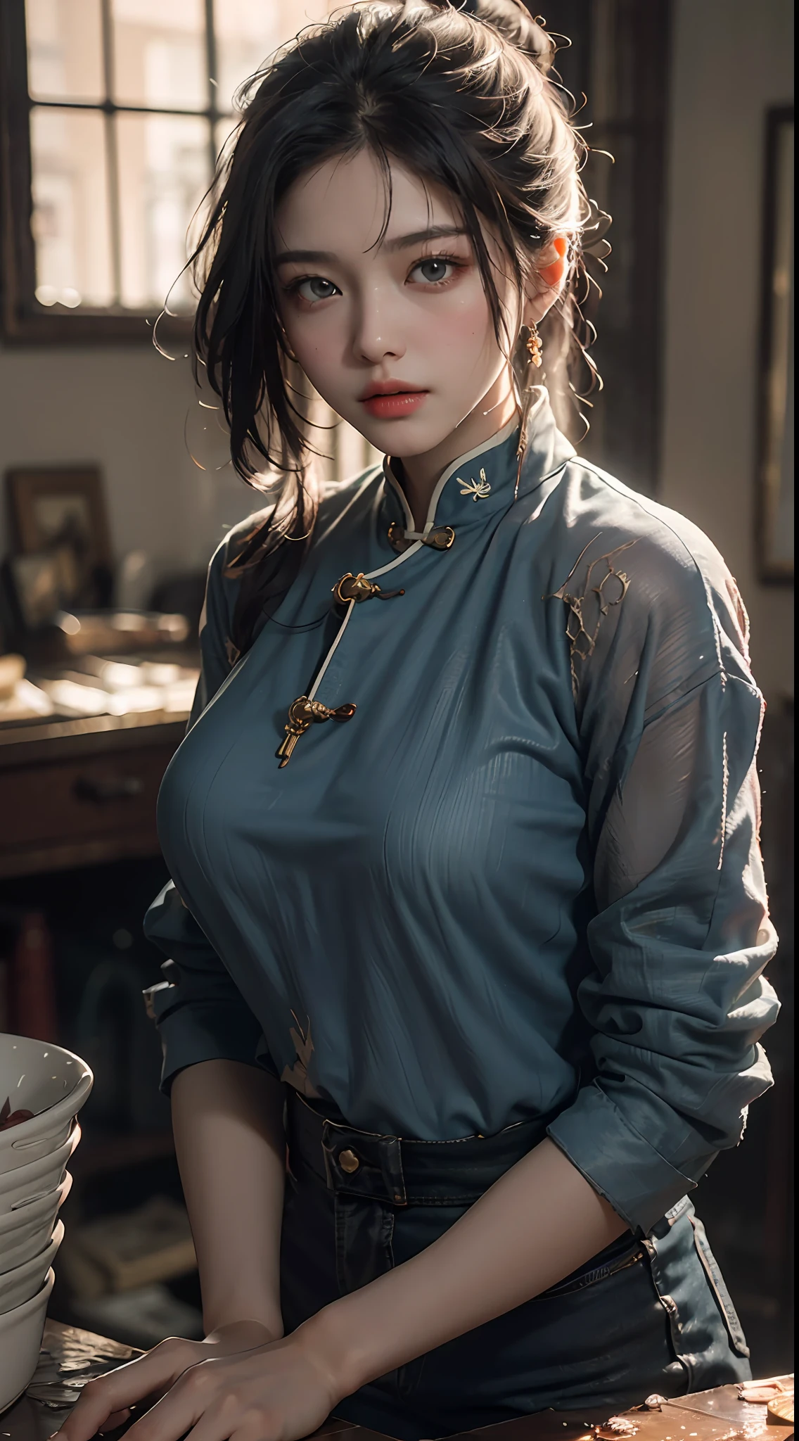 Best quality, (RAW photos: 1.2), (Masterpiece: 1.4), (Realistic: 1.4), (High resolution: 1.4), Chinese actress Gulinazha, depth of field, intricate details, 8k, very detailed, perfect lighting, epic background, big bust 1.3, clothes are messy, broken, soaked all over