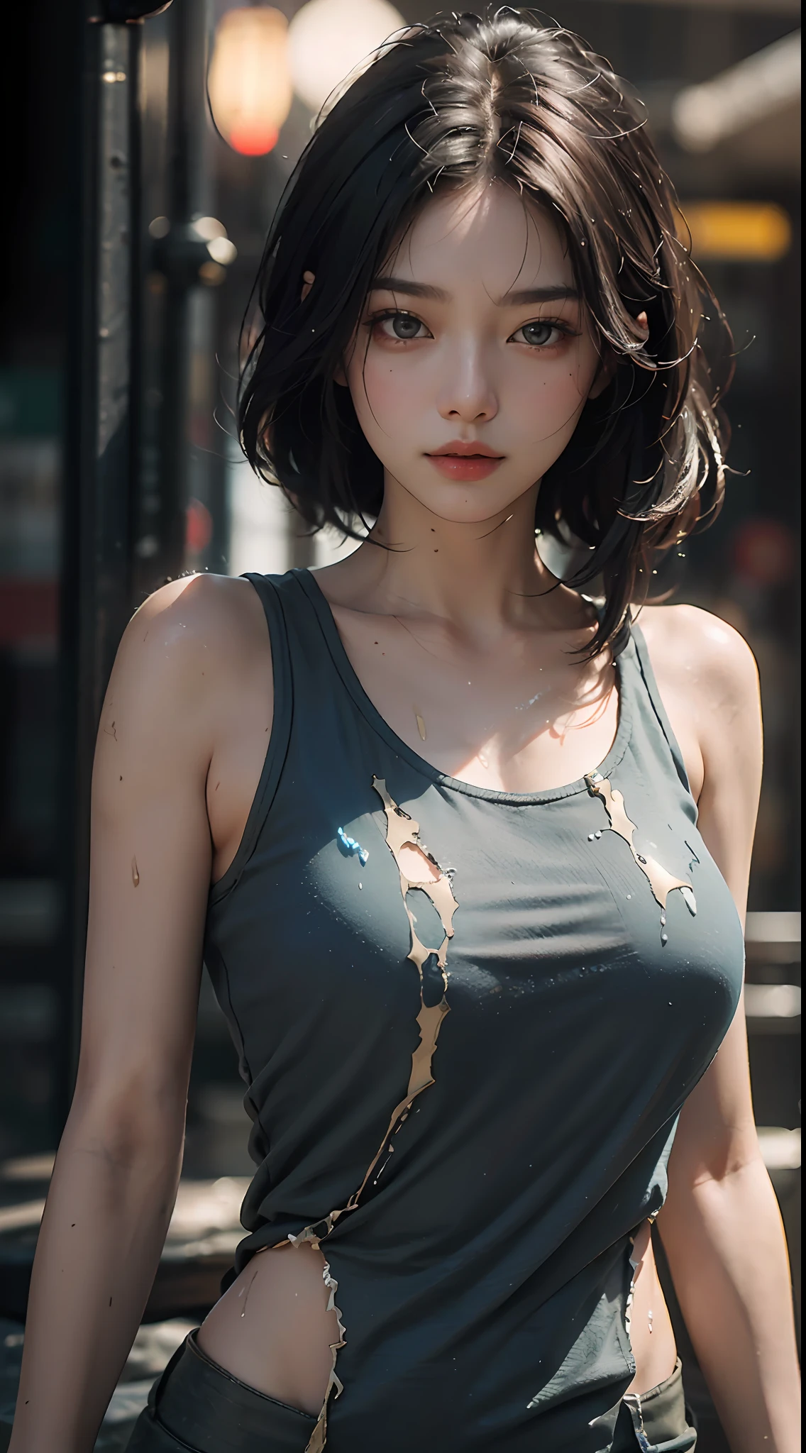 Best quality, (RAW photos: 1.2), (Masterpiece: 1.4), (Realistic: 1.4), (High resolution: 1.4), Chinese actress Gulinazha, depth of field, intricate details, 8k, very detailed, perfect lighting, epic background, big bust 1.3, clothes are messy, broken, soaked all over