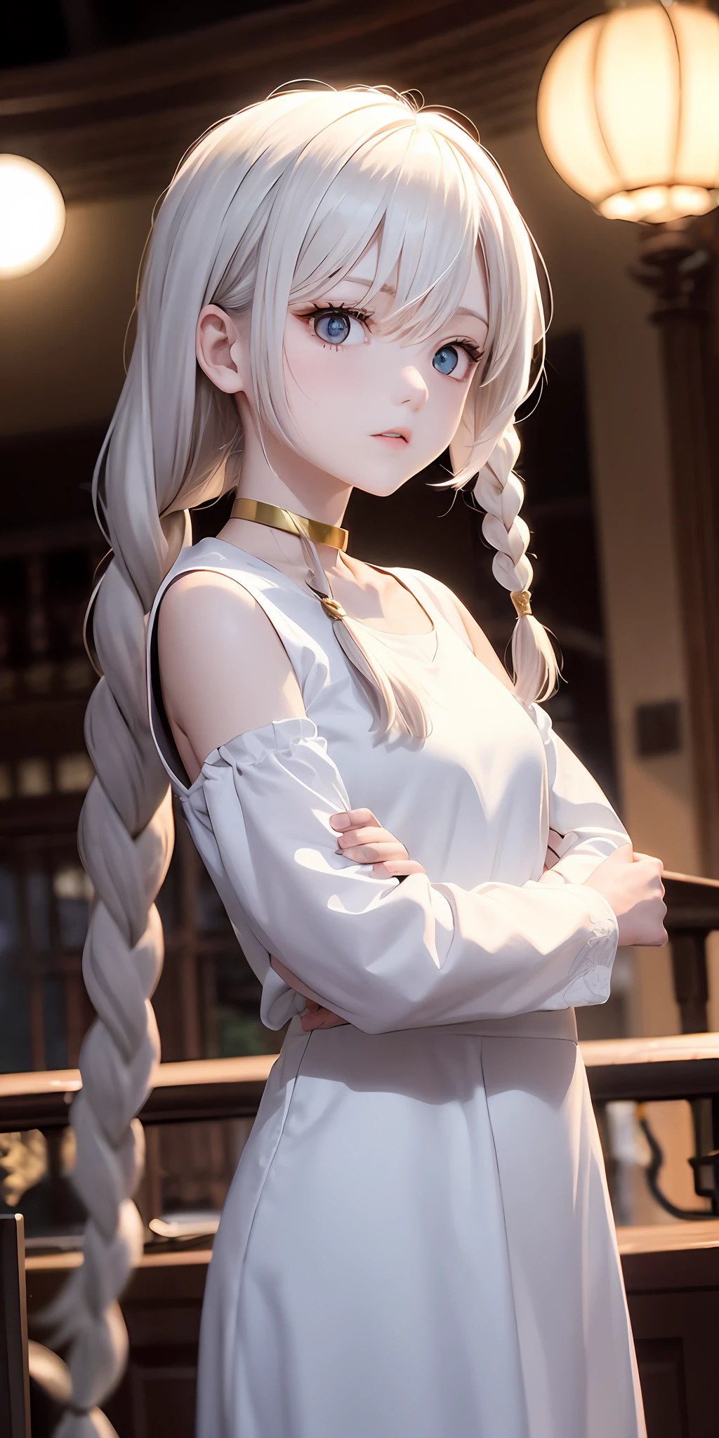 Moonlight, Fuqin, Maiden, Focused, Excellent, Masterpiece, White Hair, Golden Eyes, White Clothes, Hair, Fair Skin, Side Braids