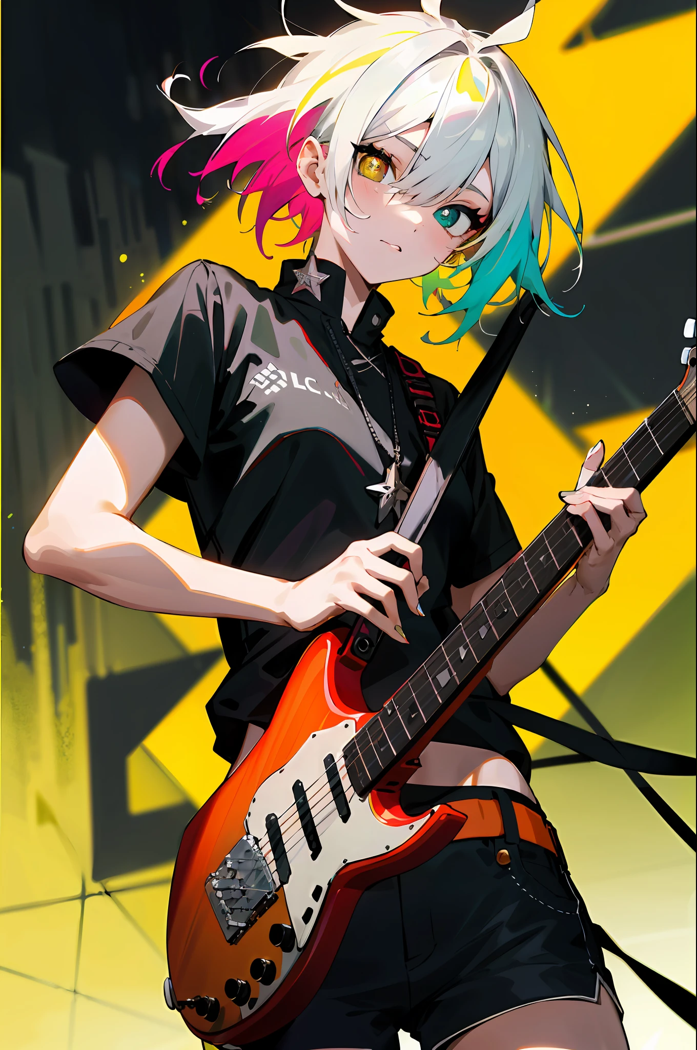 Rockstar, musician, cool, colorful, absurd, best quality, 1girl, solo, viewer look, eye focus, LucoaDM, CasualCL, shorts, modern top, hips, heterochromia, eye focus,
ADCOMM
Green Eyes
ADDCOL
(black eyes: 1.5), slit pupils, light pupils, yellow pupils