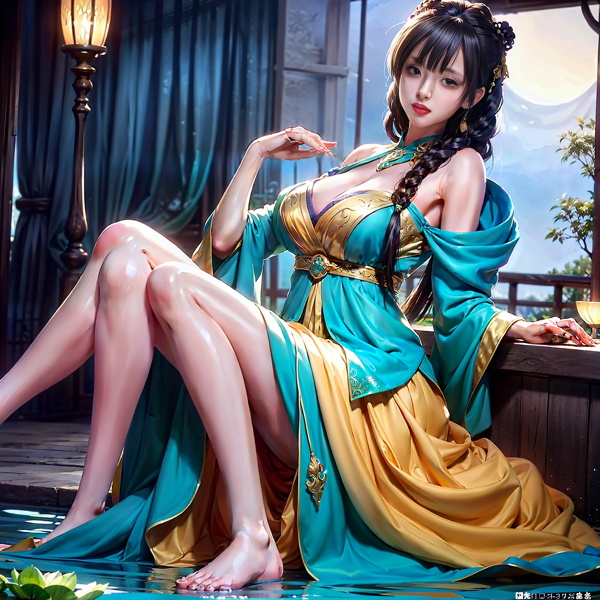 Sitting by a lake full of lotus flowers, feet playing in the water, the art depicts a charming woman with a melon face, dressed in a flowing, silky traditional oriental dress, long, aqua blue, decorated with intricate patterns and bright colors. Her dress drapes elegantly over her curvy figure, accentuating her seductive silhouette. She sits gracefully by the tranquil lotus lake, her feet playing in the water, bathed in the soft glow of the moonlight. The scene exudes an ethereal and dreamy atmosphere, with a touch of mystery and sexiness. The graphic style blends watercolor and digital illustration techniques to evoke a refined beauty and charm. The lights are filled with soft moonlight, casting soft highlights and shadows on her charming features. Bare thighs, big breasts, three-dimensional facial features, sitting, upturned legs, side braids