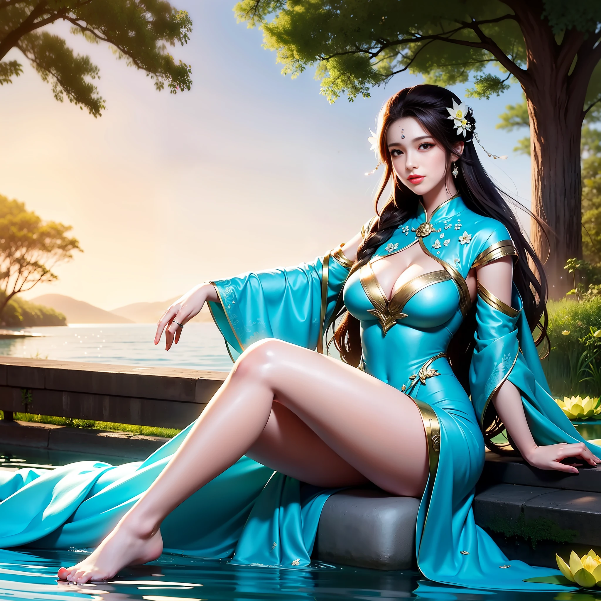 Sitting by a lake full of lotus flowers, feet playing in the water, the art depicts a charming woman with a melon face, dressed in a flowing, silky traditional oriental dress, long, aqua blue, decorated with intricate patterns and bright colors. Her dress drapes elegantly over her curvy figure, accentuating her seductive silhouette. She sits gracefully by the tranquil lotus lake, her feet playing in the water, bathed in the soft glow of the moonlight. The scene exudes an ethereal and dreamy atmosphere, with a touch of mystery and sexiness. The graphic style blends watercolor and digital illustration techniques to evoke a refined beauty and charm. The lights are filled with soft moonlight, casting soft highlights and shadows on her charming features. Bare thighs, big breasts, three-dimensional facial features, sitting, upturned legs, side braids