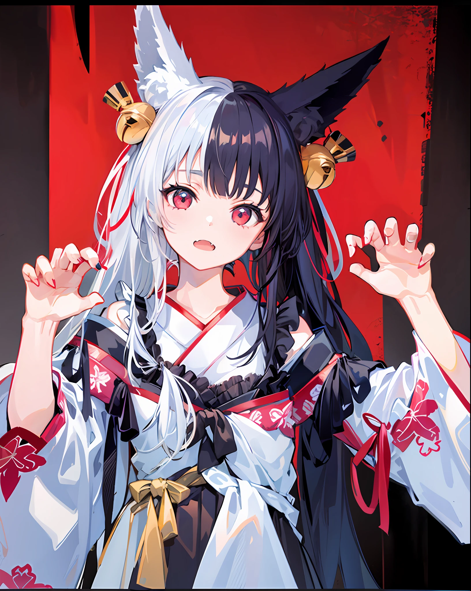 1girl,solo,fox_ears,alicemanabell, open mouth, closed mouth, upper body, (claw pose),skin fang, kimono