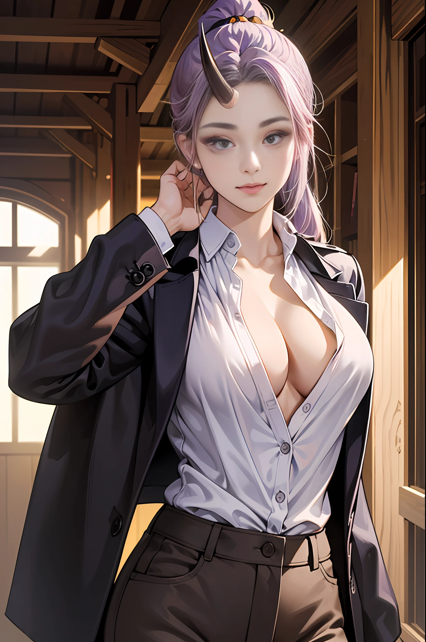 master-piece, hyper quality, hyper detailed, perfect drawing, CG, 3D, 8k, illustration, solo, beauty, purple-haired ponytail, ((only one horn grows from the middle of the forehead))), height 190cm, bountiful breasts, L cup bust 108cm, ((purple leather pantsuit))), (( The upper body is naked and wears only a jacket with only one button)), ((no bra))), skinny pants (low-rise pants), (holding an ultra super big sword in his hand: 1.5), cute smile, round big buttocks, cleavage, fluffy chest, isekai fantasy, townscape similar to medieval Europe, cobblestones, castle on a distant mountain, beautiful background, natural light, high-resolution, shooting from the front obliquely below, professional camera,