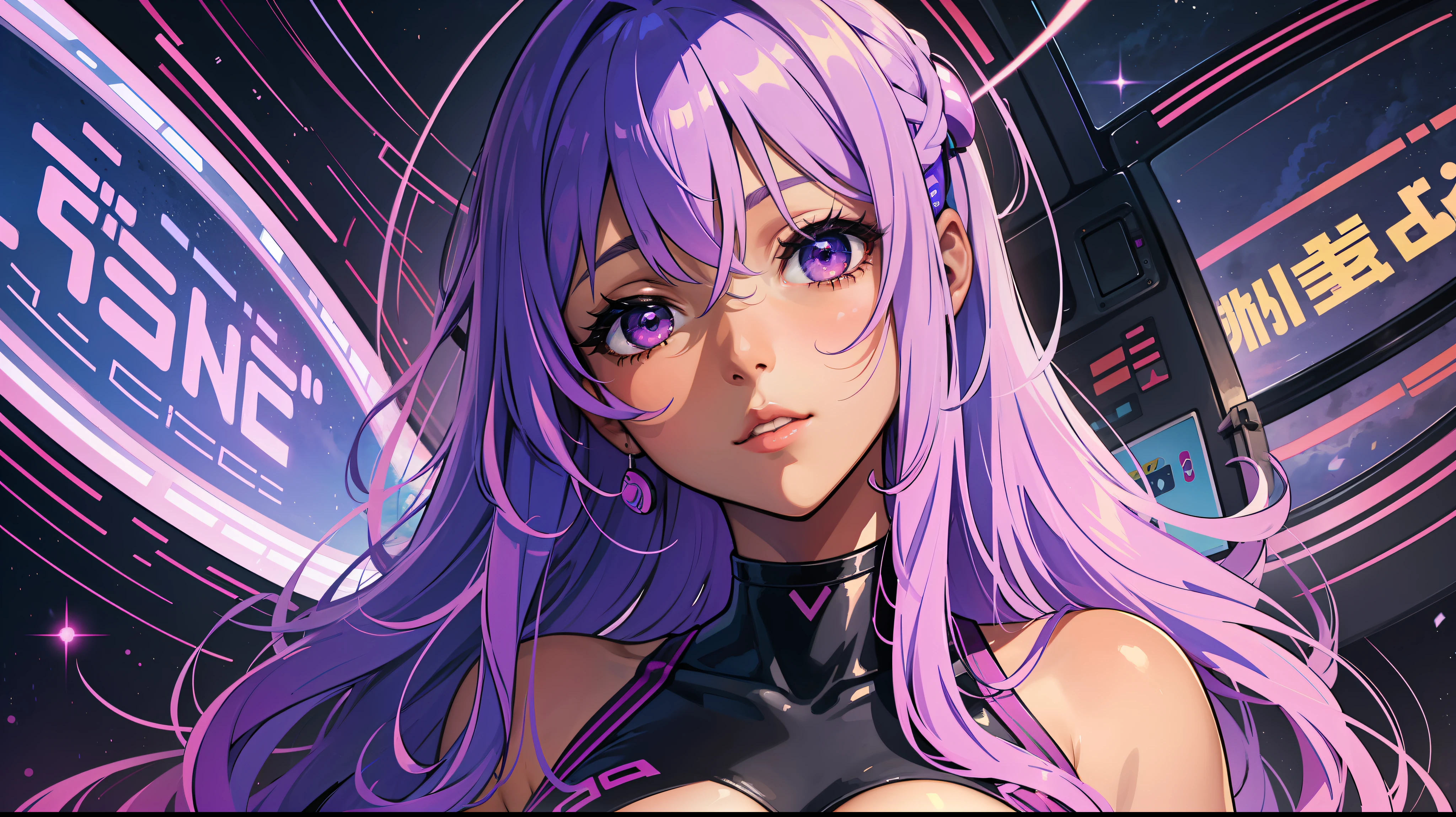 Woman with peace sense headset, open eyes, bright and beautiful eyes, beautiful face, RGB colors, bright purple hair, anime, banner for youtube video, happy girl, clouds with RGB colors, bright RGB colors.