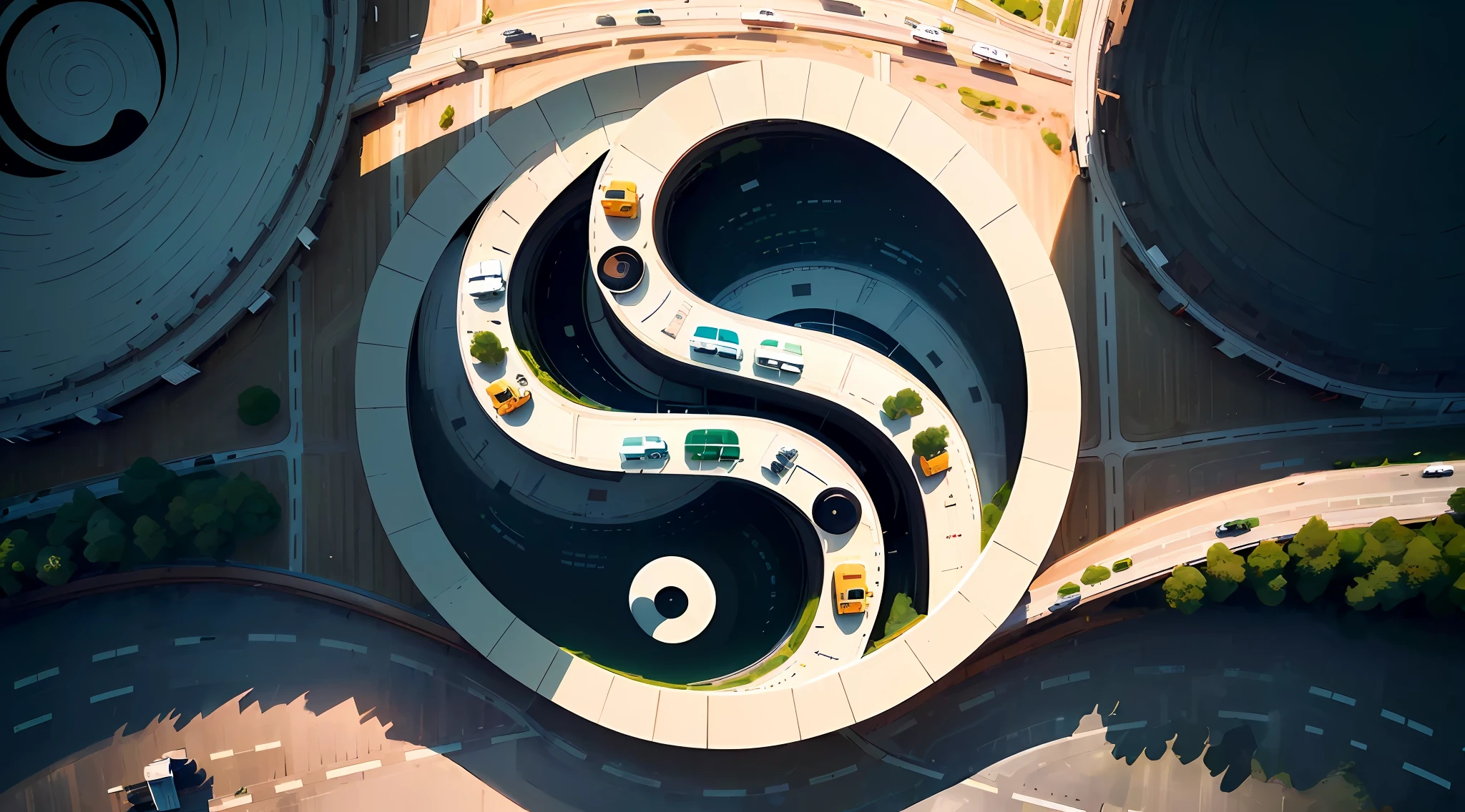(((flat))), (tech startup illustration: 1.5), ((vector)), (5 roads:1.5), wide highway roads twisted, blend to one big (Yin Yang) shapes, some cars on the road, masterpiece, ((from above)), panorama, 8k, super detail, (negative space:1.5),(satellite image:1.5), projected inset,