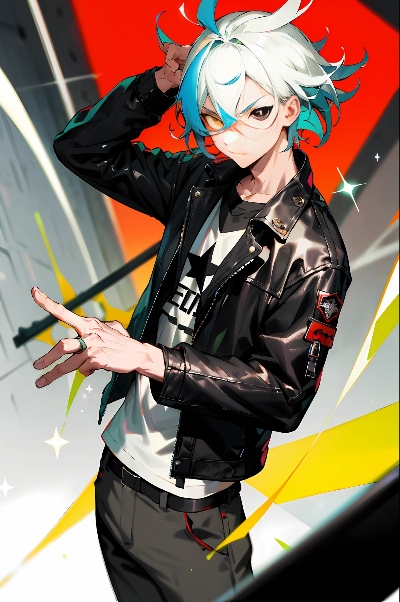 Rockstar, musician, cool, colorful, absurd, best quality, 1guy, solo, viewer look, eye focus, LucoaDM, CasualCL, pants, torso, leather jacket, heterochromia, eye focus,
ADCOMM
Green Eyes
ADDCOL
(black eyes: 1.5), slit pupils, light pupils, yellow pupils