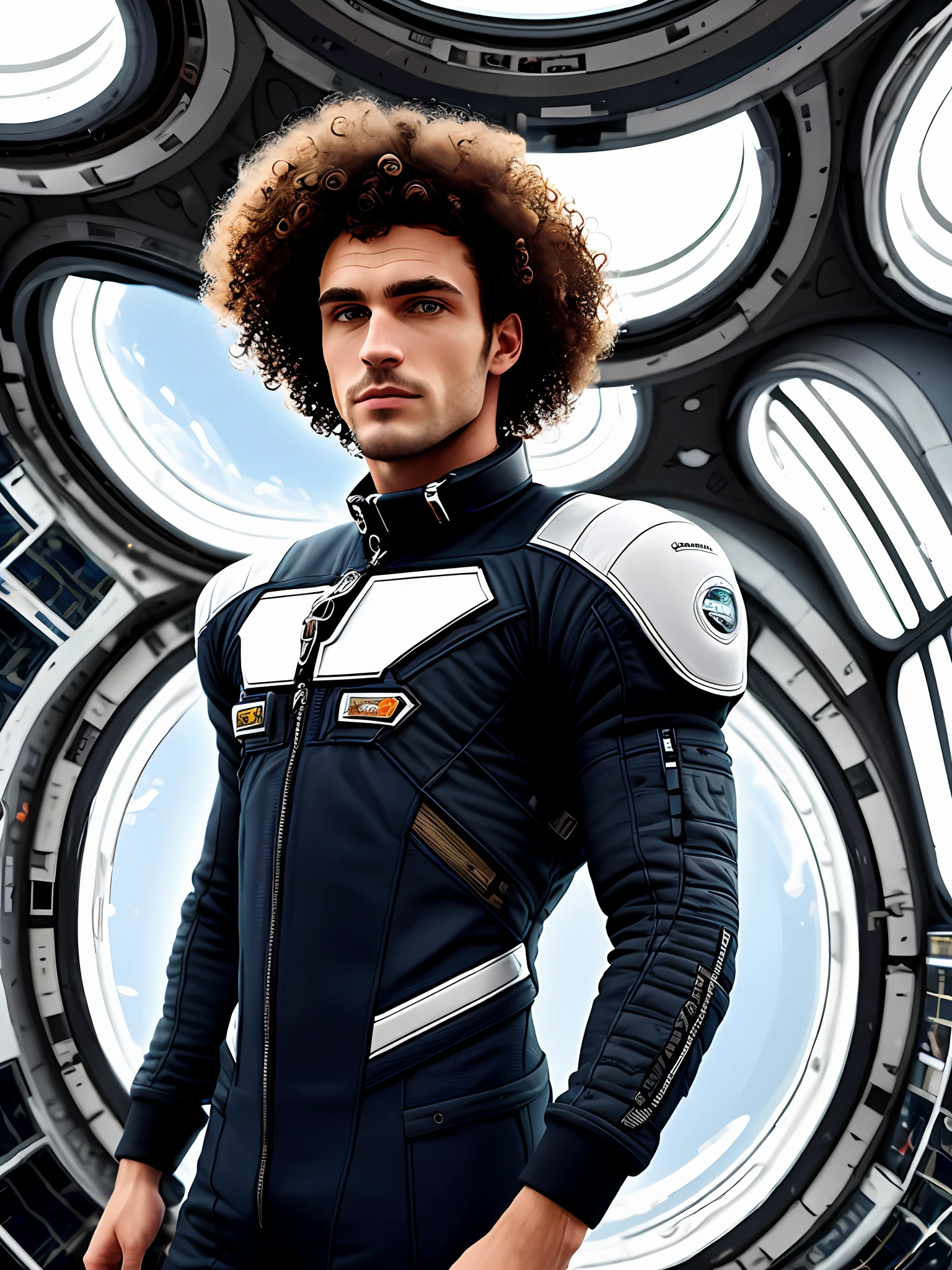 Tall and strong man, brunette with curly hair, with more futuristic details living in space