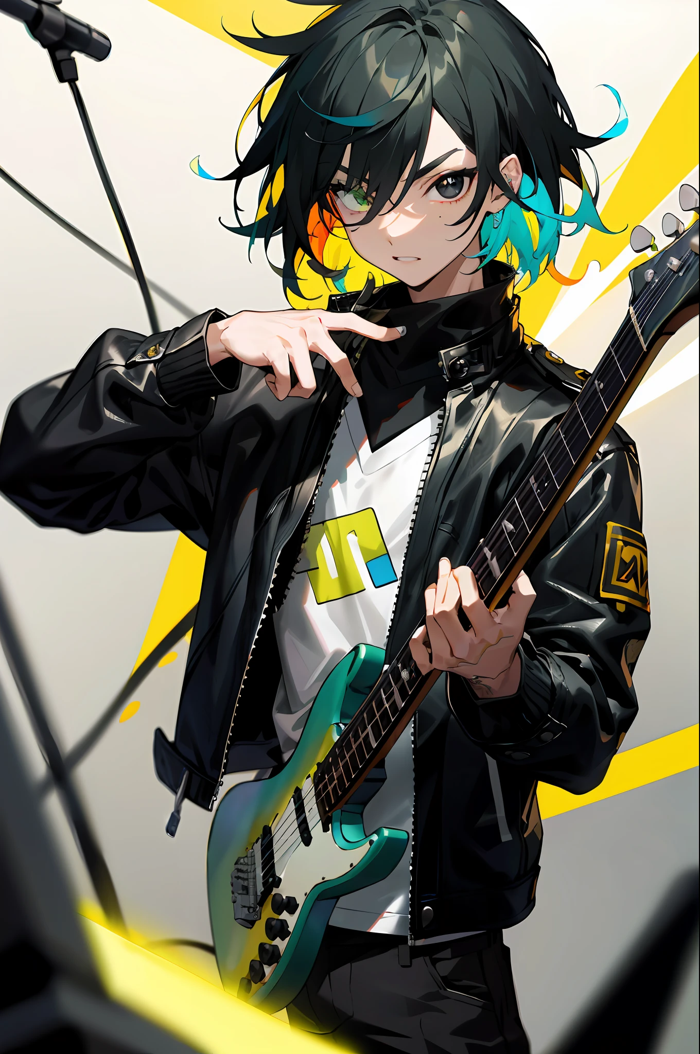 Rockstar, musician, cool, colorful, absurd, best quality, 1guy, solo, viewer look, eye focus, LucoaDM, CasualCL, pants, torso, leather jacket, heterochromia, eye focus, 
ADCOMM
Green Eyes
ADDCOL
(black eyes: 1.5), slit pupils, light pupils, yellow pupils