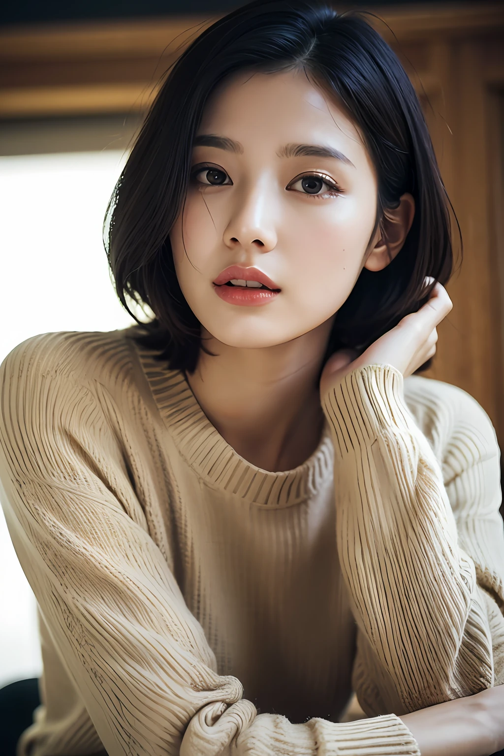 (masterpiece:1.3), (8k, photorealistic, RAW photo, best quality: 1.4), (1girl), beautiful face, (realistic face), (black hair, short hair:1.3), beautiful hairstyle, realistic eyes, beautiful detailed eyes, (realistic skin), beautiful skin, (sweater), absurdres, attractive, ultra high res, ultra realistic, highly detailed, golden ratio