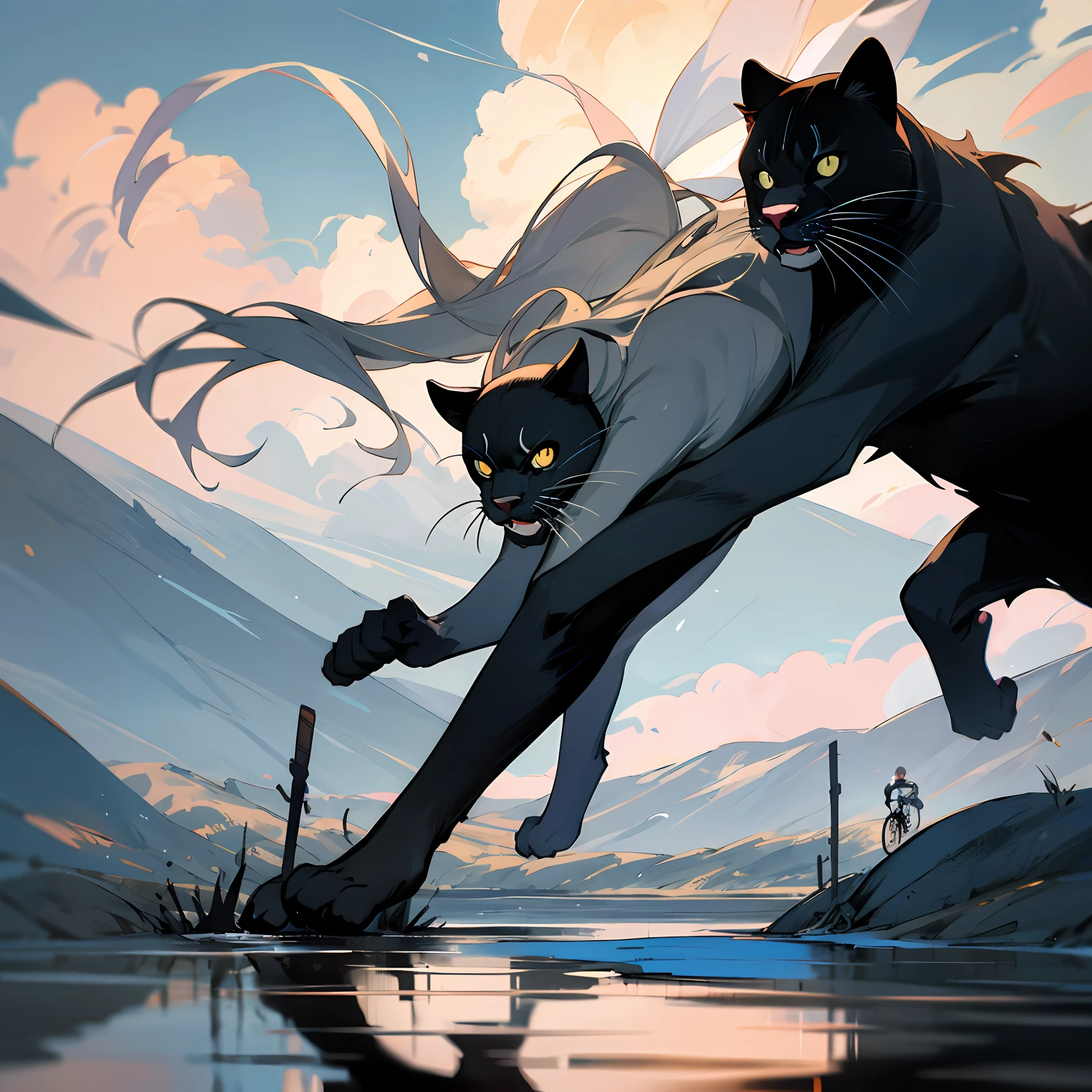 The prompt:
World Photo Contest First Prize Photograph of a beautiful long-haired woman on a bicycle chasing a black panther, mountains, clouds, puddles
Negative prompt: duplicate body parts, duplicate arms, duplicate legs