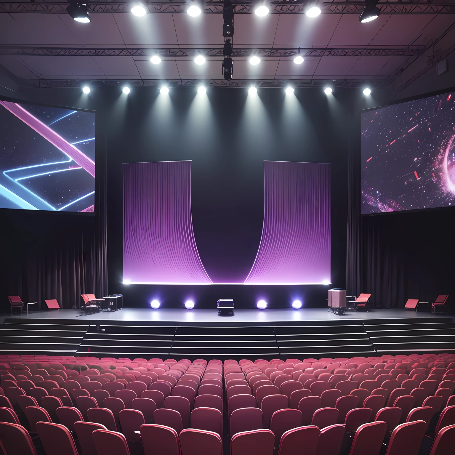 A rectangular stage with a height of 60cm, a length of 3000cm, and a width of 1000cm, a large LED curved screen with a height of 600cm and a length of 20cm, the background of the stage and the whole audience with LED dyed lights and spotlights, and 100 sofa chairs under the stage --auto --s2