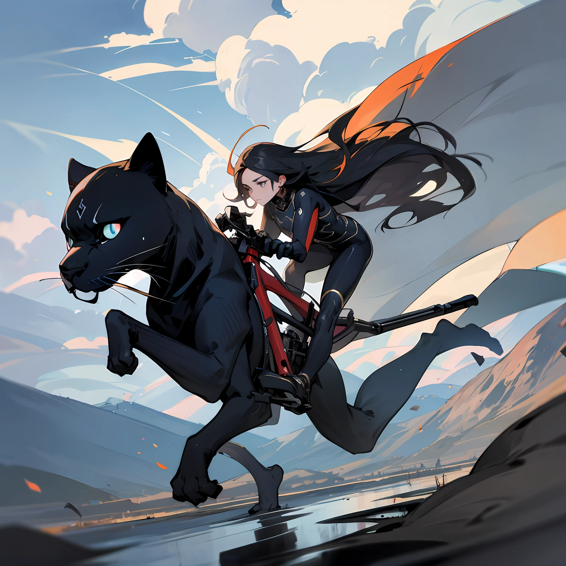 The prompt:
World Photo Contest First Prize Photograph of a beautiful long-haired woman on a bicycle chasing a black panther, mountains, clouds, puddles
Negative prompt: duplicate body parts, duplicate arms, duplicate legs