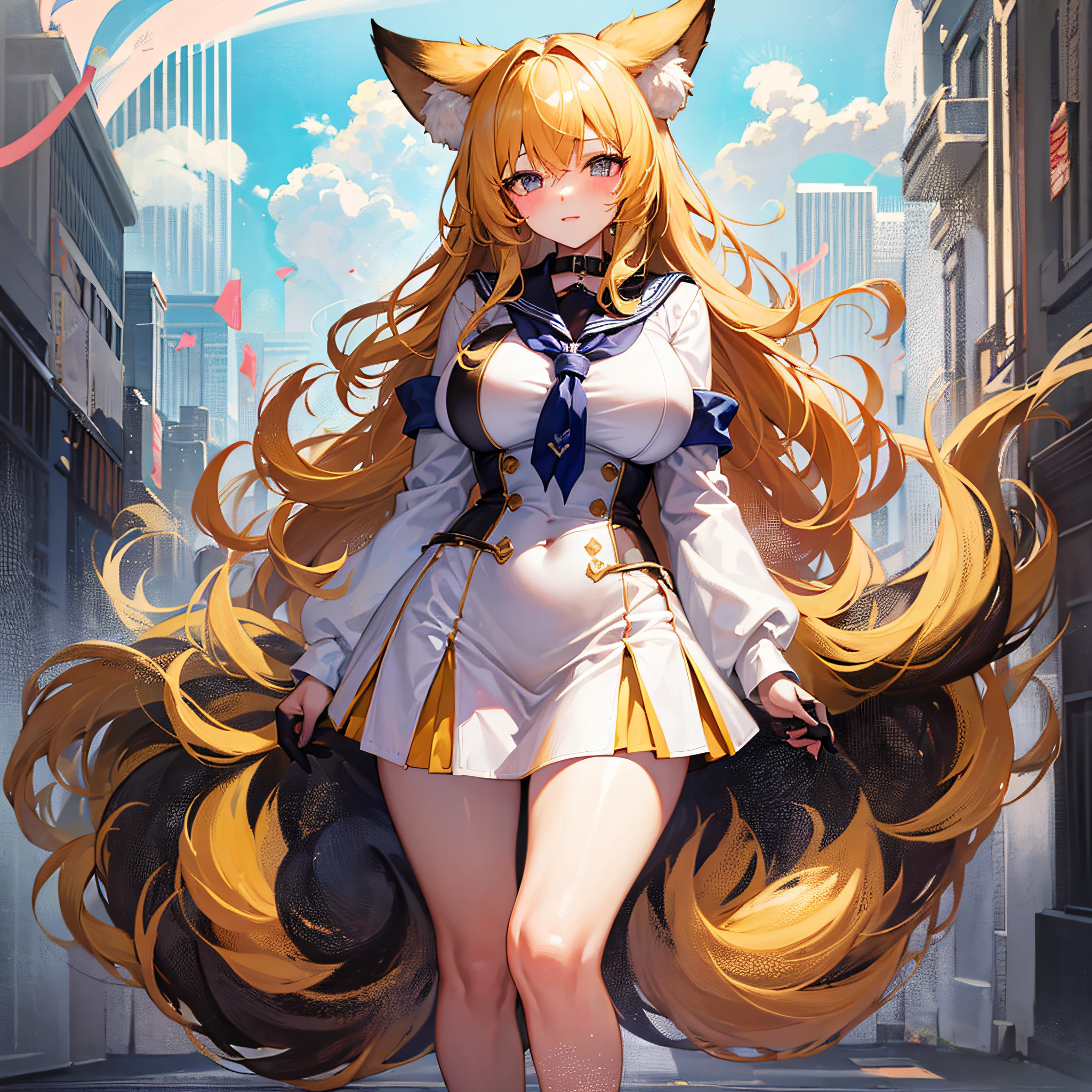 Absolutely beautiful fox girl, perfect slim body, mature royal sister face, yellow hair, large curly hair, sailor suit, sexy and seductive, beautiful face, full body portrait, standing pose, 4K picture quality, big body, feminine expression, blush shyness, deep eyes, huge breasts, short skirt