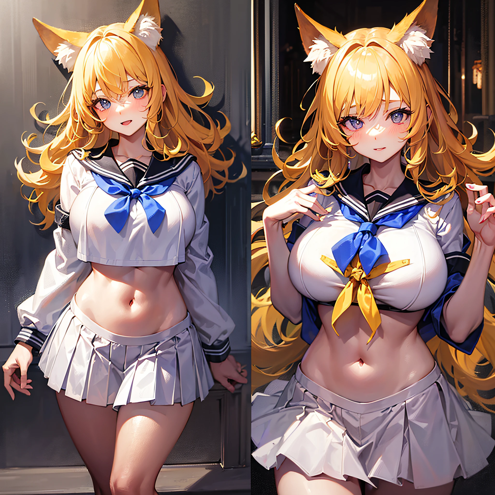 Absolutely beautiful fox girl, perfect slim body, mature royal sister face, yellow hair, large curly hair, sailor suit, sexy and seductive, beautiful face, full body portrait, standing pose, 4K picture quality, big body, feminine expression, blush shyness, deep eyes, huge breasts, short skirt