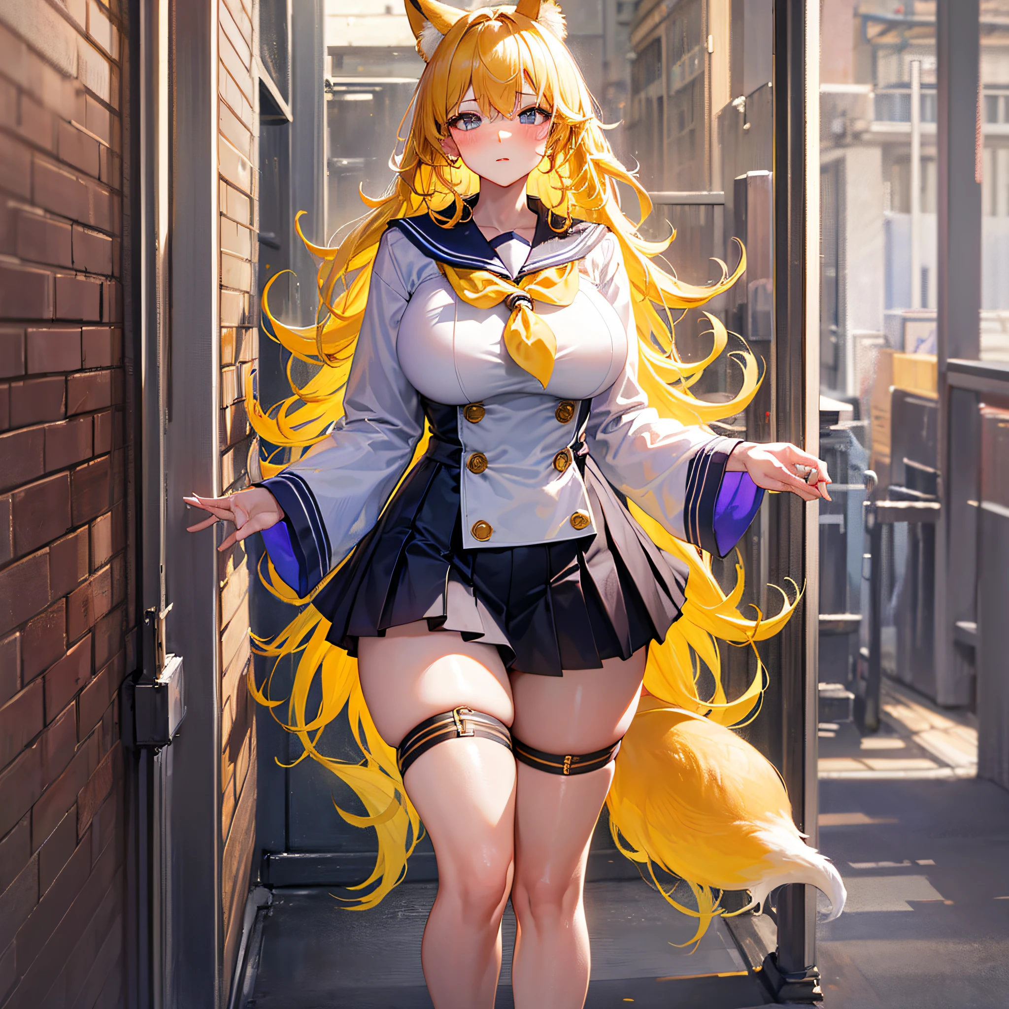 Absolutely beautiful fox girl, perfect slim body, mature royal sister face, yellow hair, large curly hair, sailor suit, sexy and seductive, beautiful face, full body portrait, standing pose, 4K picture quality, big body, feminine expression, blush shyness, deep eyes, huge breasts, short skirt