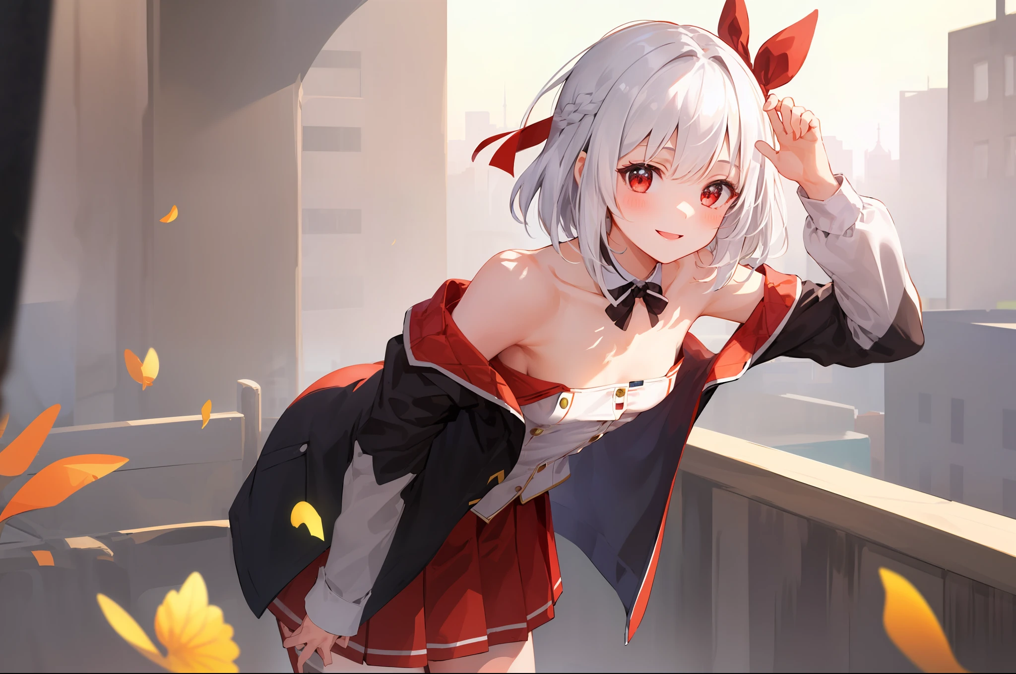 masterpiece, best quality,1girl, solo, bangs, left hair ribbon, (small breasts:1.4), red eyes, short hair, smile, solo, white hair, (Strapless:1.1), (off-the-shoulder:1.1), (cowboy shot:1.2), city, (uniform:1.2), (partially_unbuttoned:1.1), (Externally expanded Chest:1.2), skirt, (bent over:1.2),