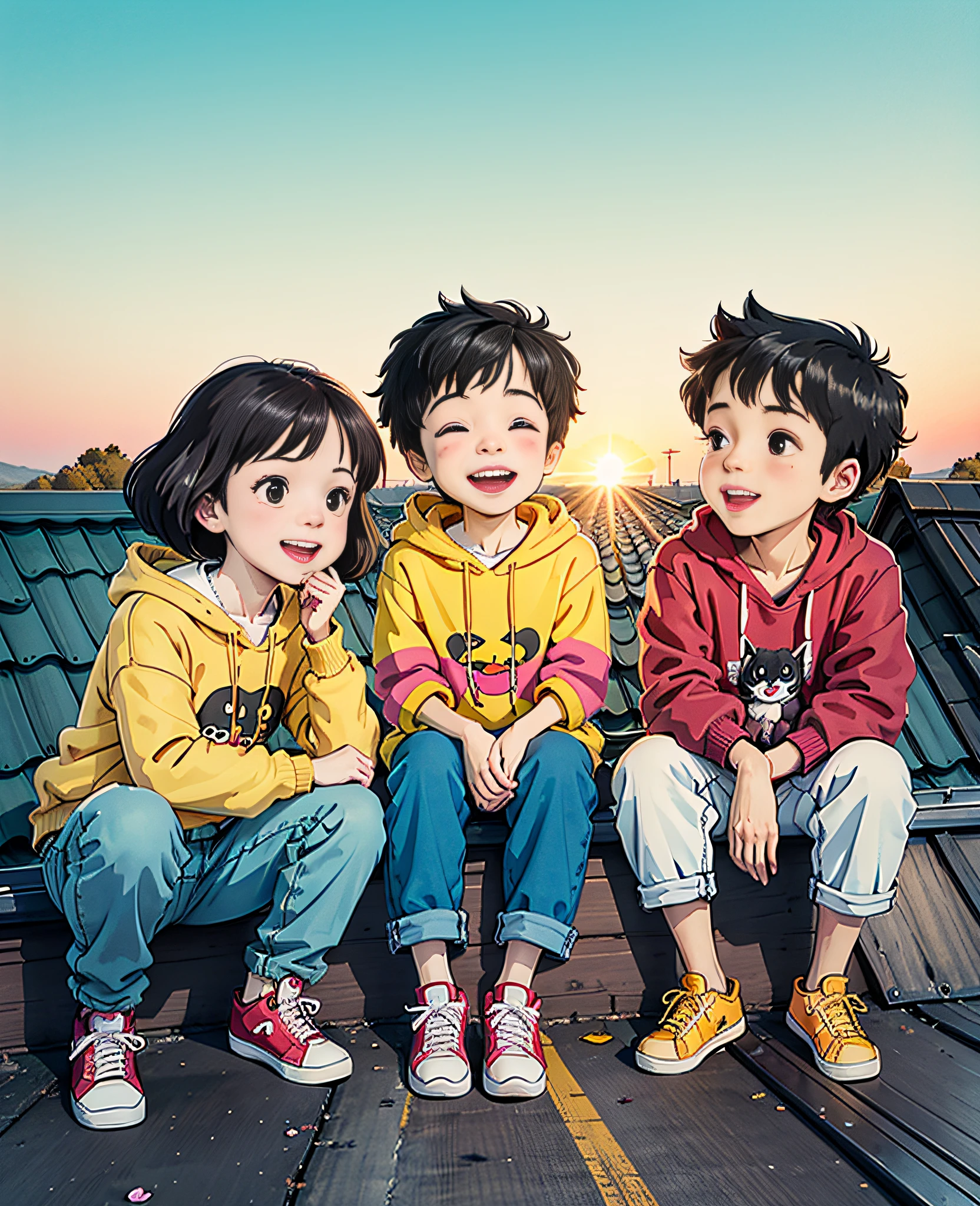 Two happy little boys and a little girl sat on the roof, taking full body photos and laughing happily. The boy wore a yellow short Sweatshirt, red sneakers, and the girl wore a white sweatshirt, jeans, white sneakers, black hair, a house, flowers, Hayao Miyazaki and other small animals. A happy little boy with a round face, big eyes, long eyelashes, sunset and sunset,