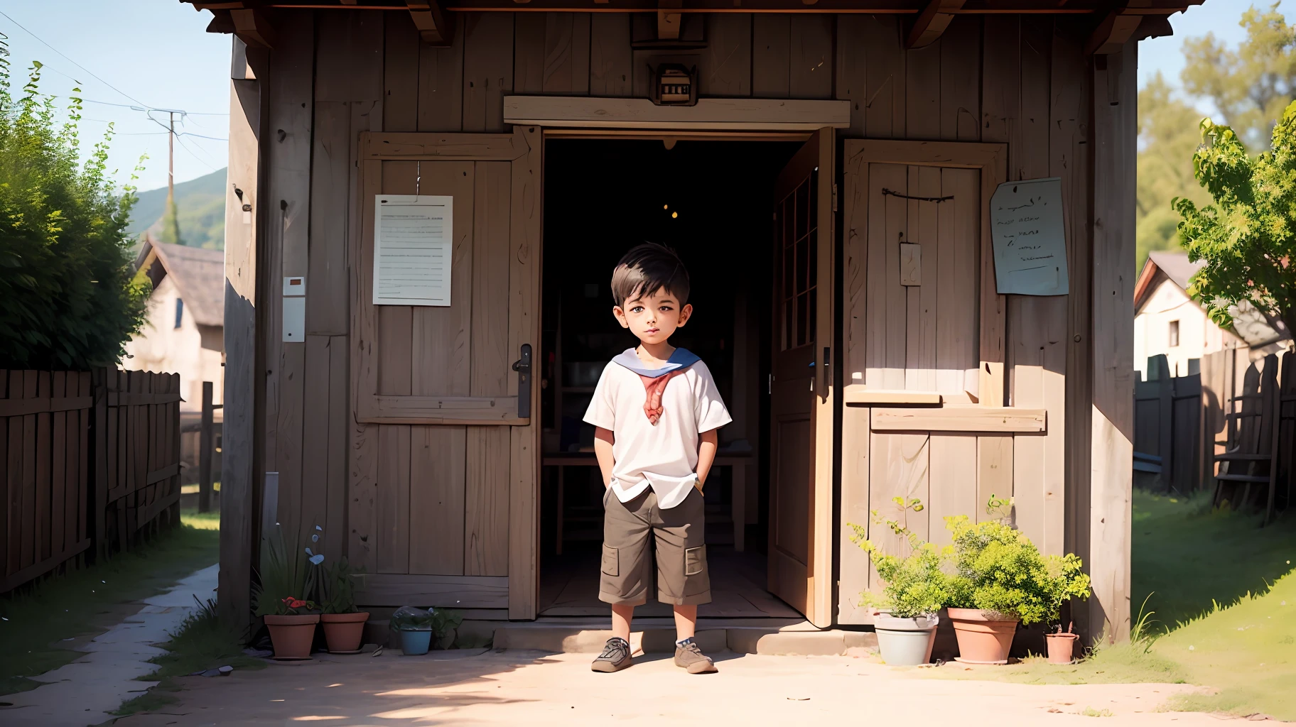 Visualize a small village with simple, rustic surroundings. Show a determined young boy with a sparkle in his eyes, symbolizing his dreams and aspirations. --auto