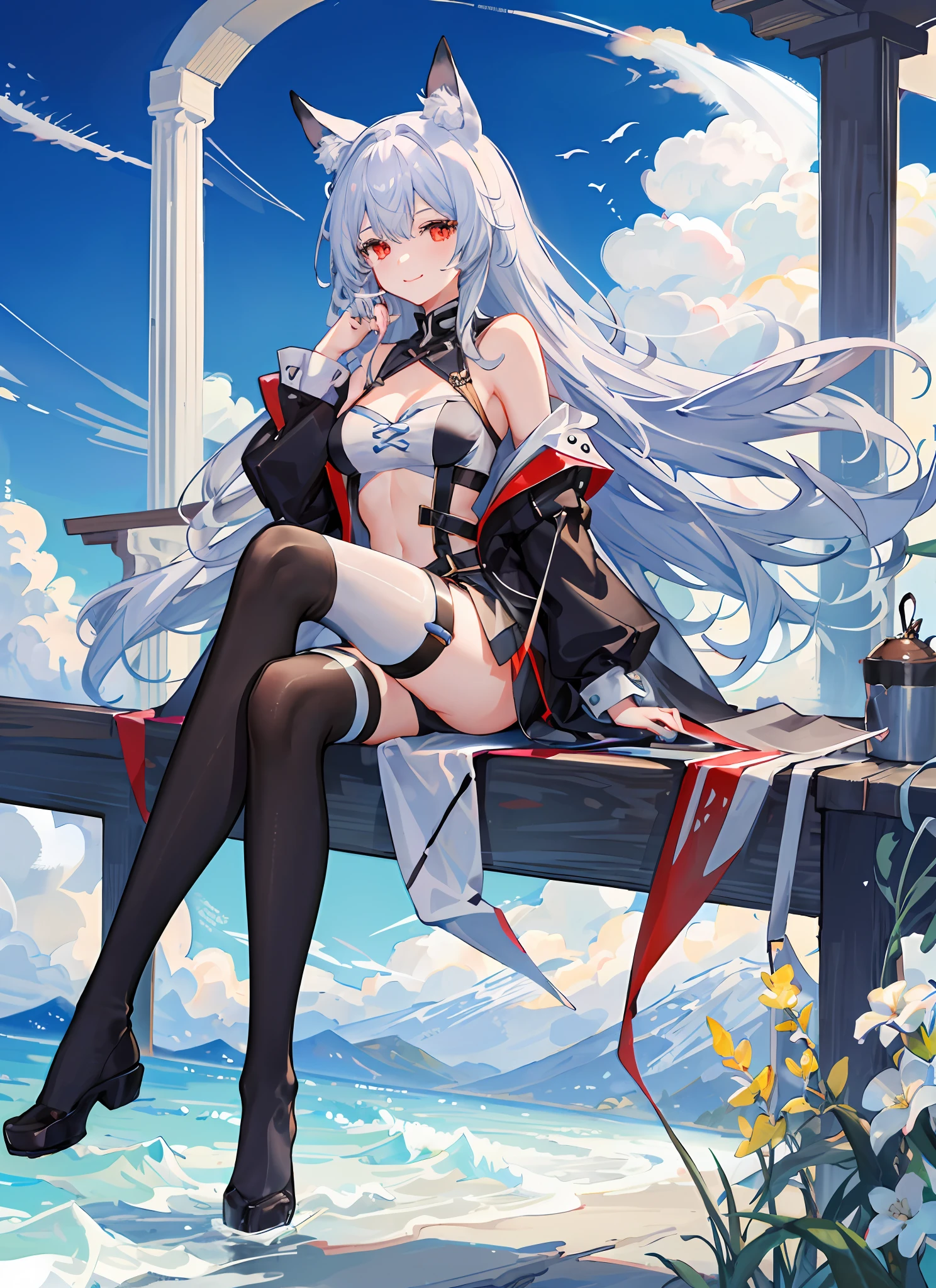 1girl, 长发, 肚脐, yuudachi_\(azur_lane\), 乳房, 辫子, 无底洞, solo, animal_ears, looking_at_viewer, 锁骨, white_legwear, 腮红, silver_hair, very_long_hair, puffy_sleeves, 肚子, sitting, smile, animal_ear_fluff