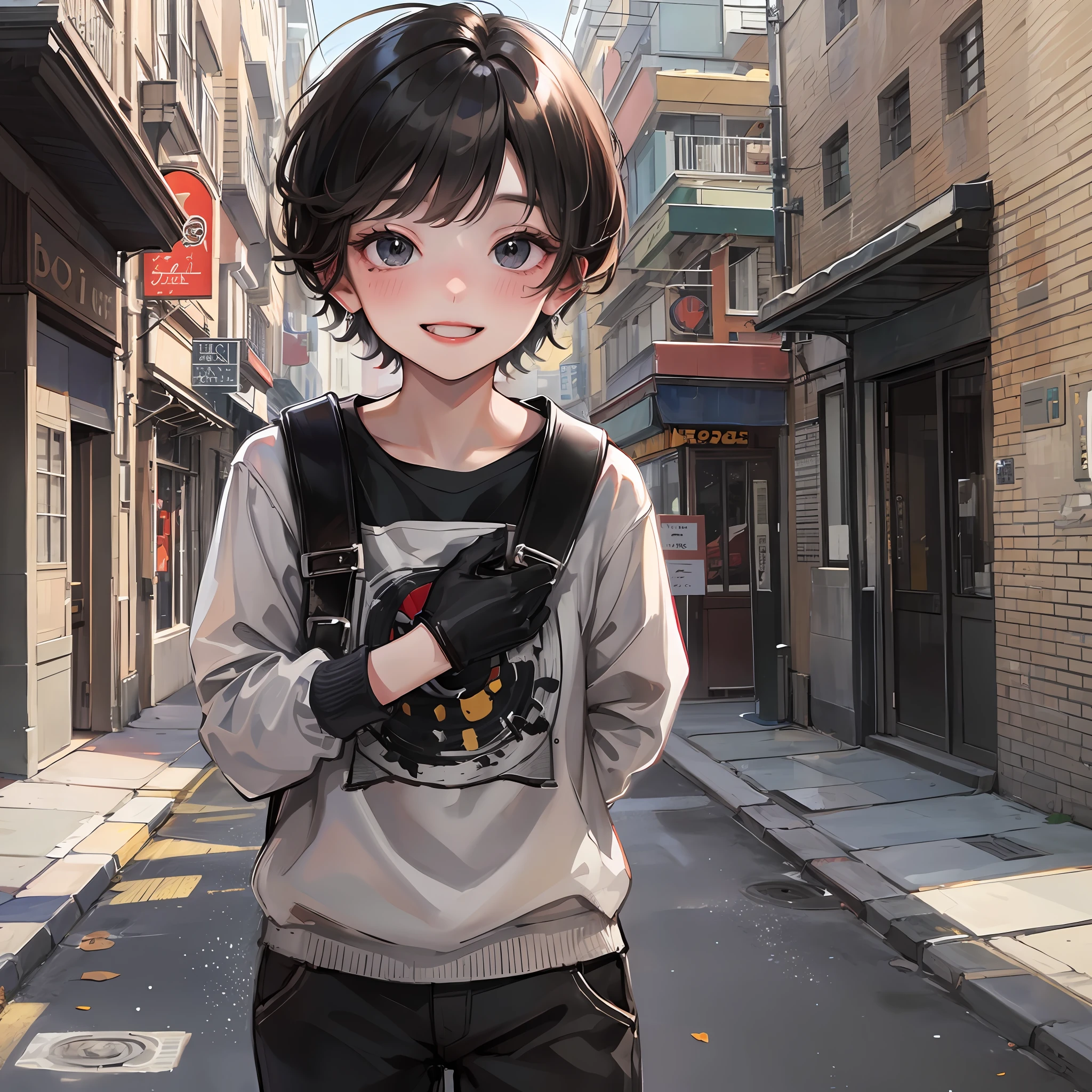 Little boy, blushing, smiling, street, doomsday, dark, short black hair, black eyes, masterpiece best quality, 8k, very detailed, high quality, high resolution