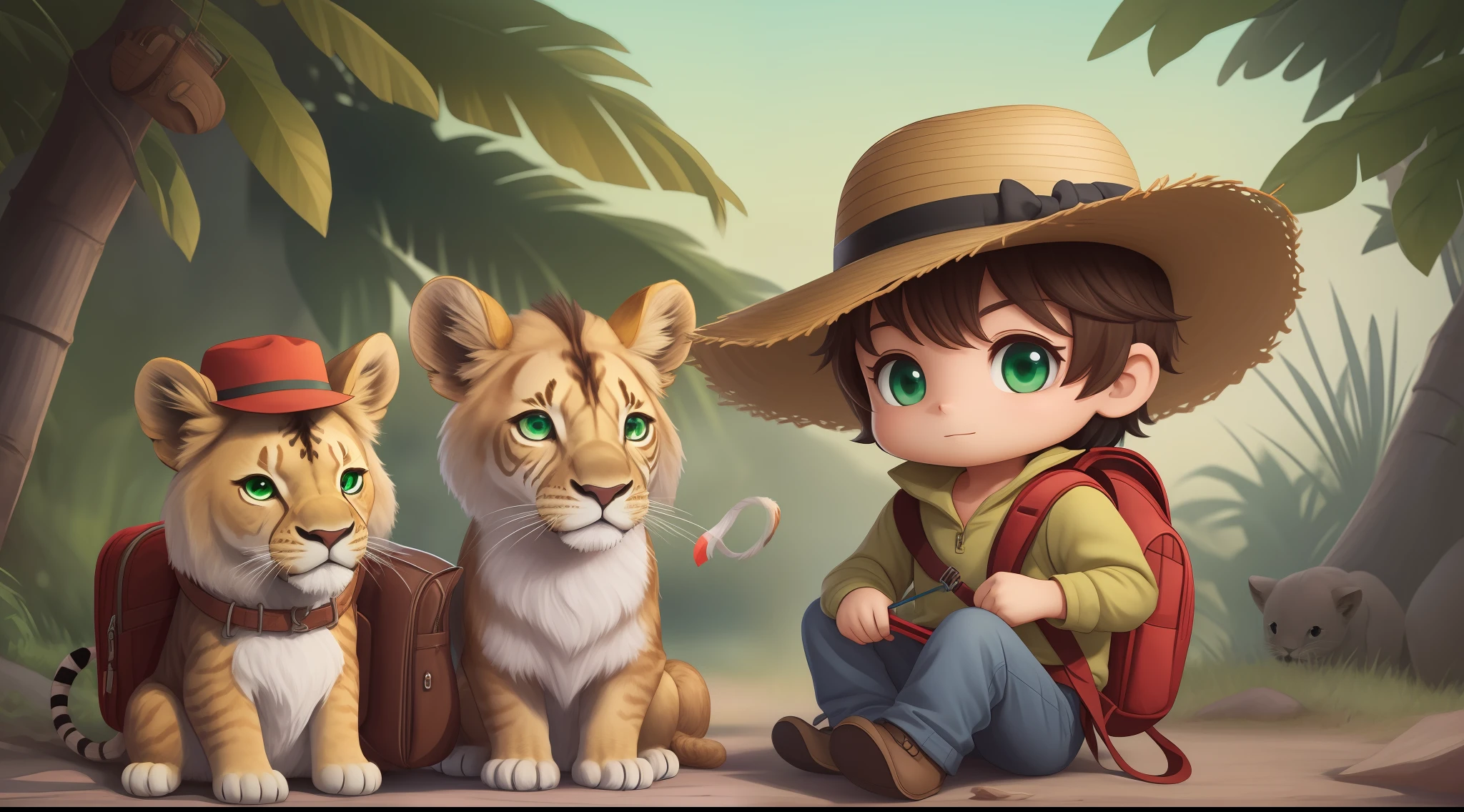 pequrno boy with green eyes,backpack,straw hat,dark brown hair. Happy sitting with lion, graph, zebra, rabbit, squirrel chibi characters. cartoon. 8k image
