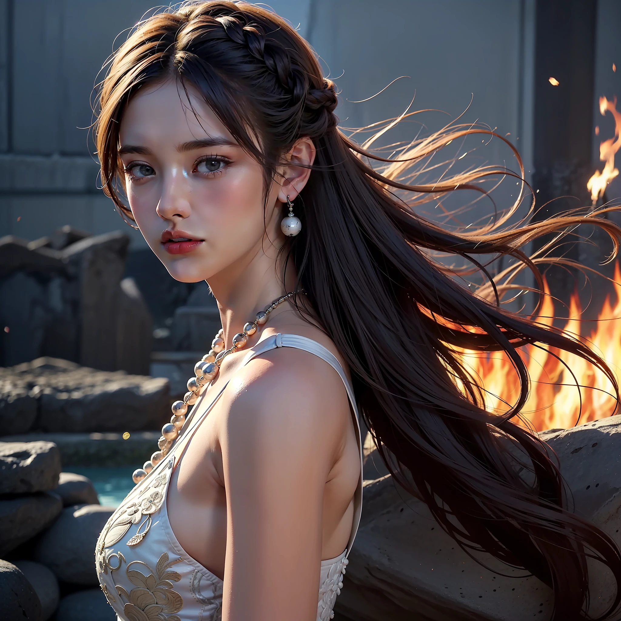 (full portrait), (mid-plane), solo, detailed background, detailed face, (stonepunkAI, stone theme: 1.1), elf, (female), (mythological), (beautiful hair, braids: 0.2), knew, (gorgeous face), stunning, head tilted upwards, (threatening look, serene expression), calm, shredded elven clothes, prayer beads, tribal jewelry, feathers in hair, jade, obsidian, detailed clothing, neckline, realistic skin texture, (floating particles, fire whirlpool, embers, ritual, whirlwind, wind: 1.2), sharp focus, volumetric lighting, good highlights, good shading, subsurface scattering, intricate, highly detailed, ((cinematic), dramatic, (high quality, award-winning, masterpiece: 1.5), (photorealistic: 1.5), (intricate symmetrical war painting: 0.5) --auto