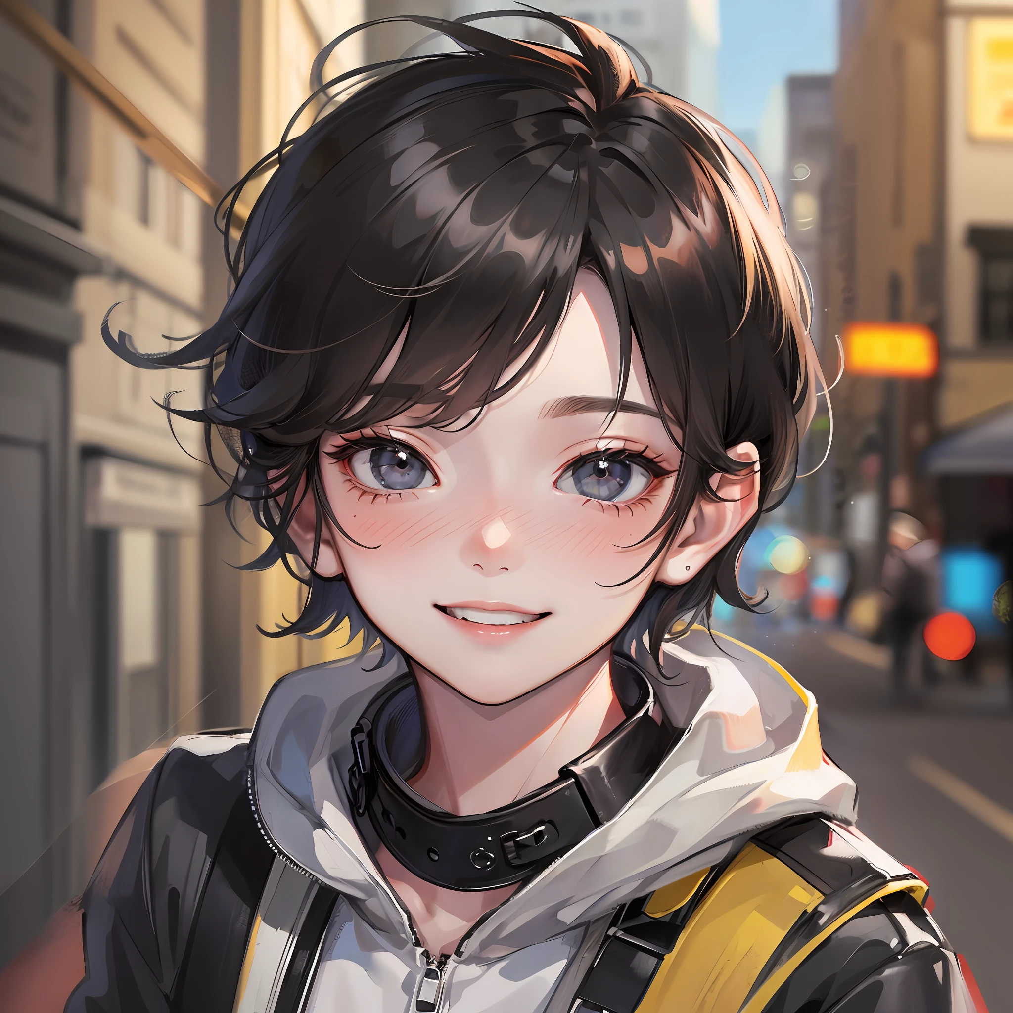 Little boy, blushing, smiling, street, doomsday, dark, short black hair, black eyes, masterpiece best quality, 8k, very detailed, high quality, high resolution