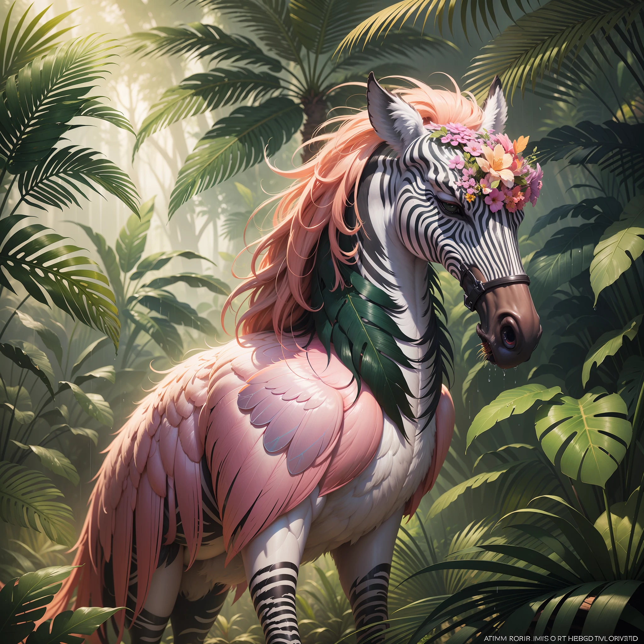 There is a winged zebra and flamingos in a dense jungle, dense tropical jungle, lush palm trees, wet foliage after heavy rain, sunset shining through the leaves of the trees, beautiful digital artworks, surreal hybrid animals, Beeple and James Jean, Beeple and Tim Hildebrandt, digital fantasy illustration, highly detailed digital painting, stunning digital illustration,  award-winning painting, highly detailed digital art, beautiful digital illustration, artstation, artstation trend, cinematic lighting and HDR on stage AI, chromatic aberration, depth of field, intricate, bokeh, trend in CGsociety, dramatic, axis of the sun, masterpiece, (masterpiece, best quality : 1.2), 1time of heavy rain