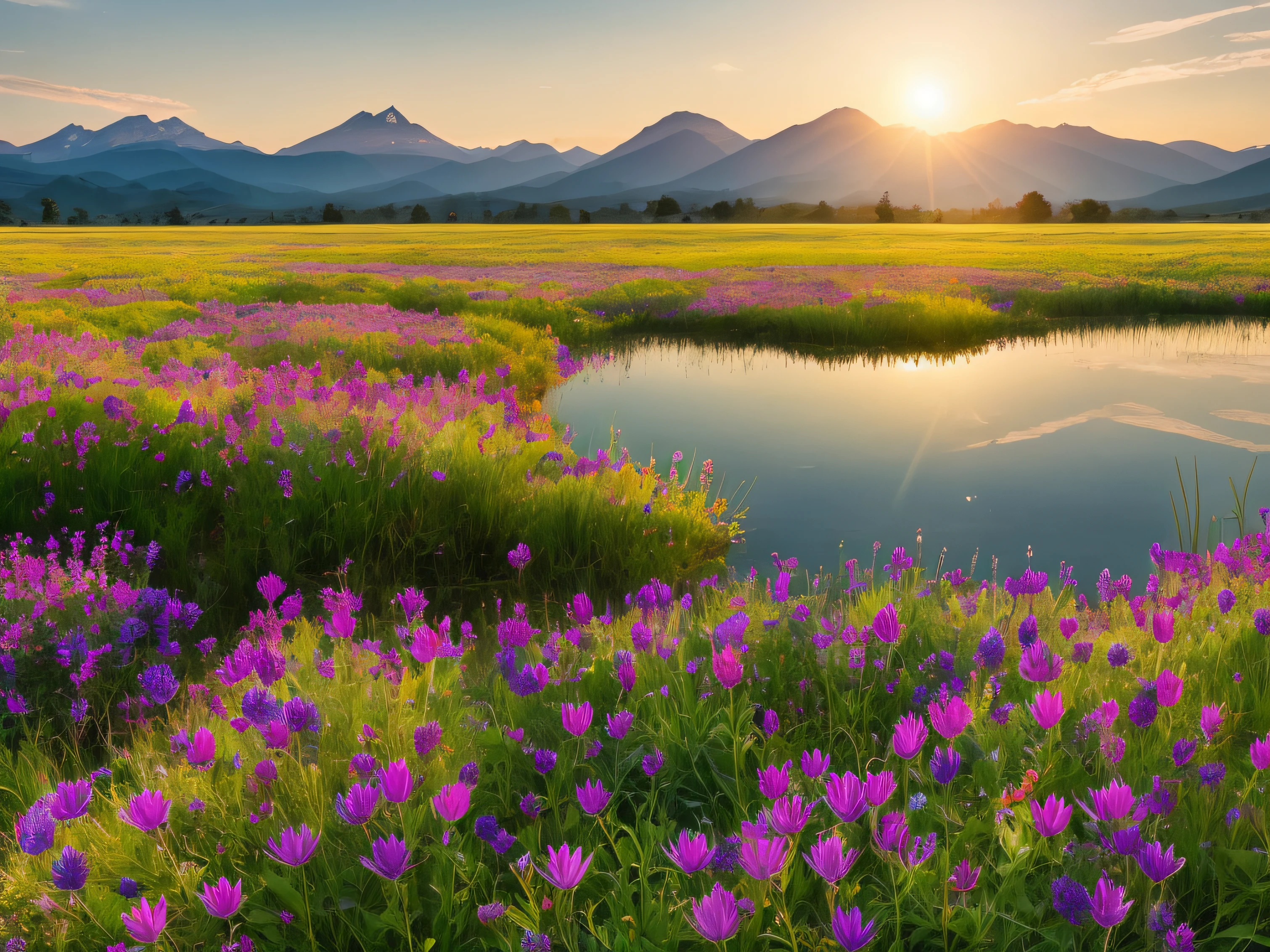 In the morning, on the field, the sun has just draped itself in a golden robe, softening the world. In the distance are undulating mountains, and near there is a small lake, with lotus leaves moving slightly. You walk through this meadow, step on the smell of wildflowers, and bask in the refreshing fragrance.